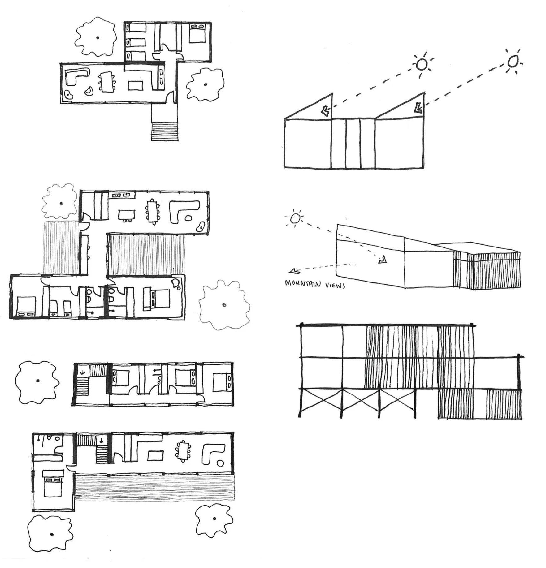 Hand-drawn floor plans of multiple houses with trees and mountain view illustrations, including window and door placements.