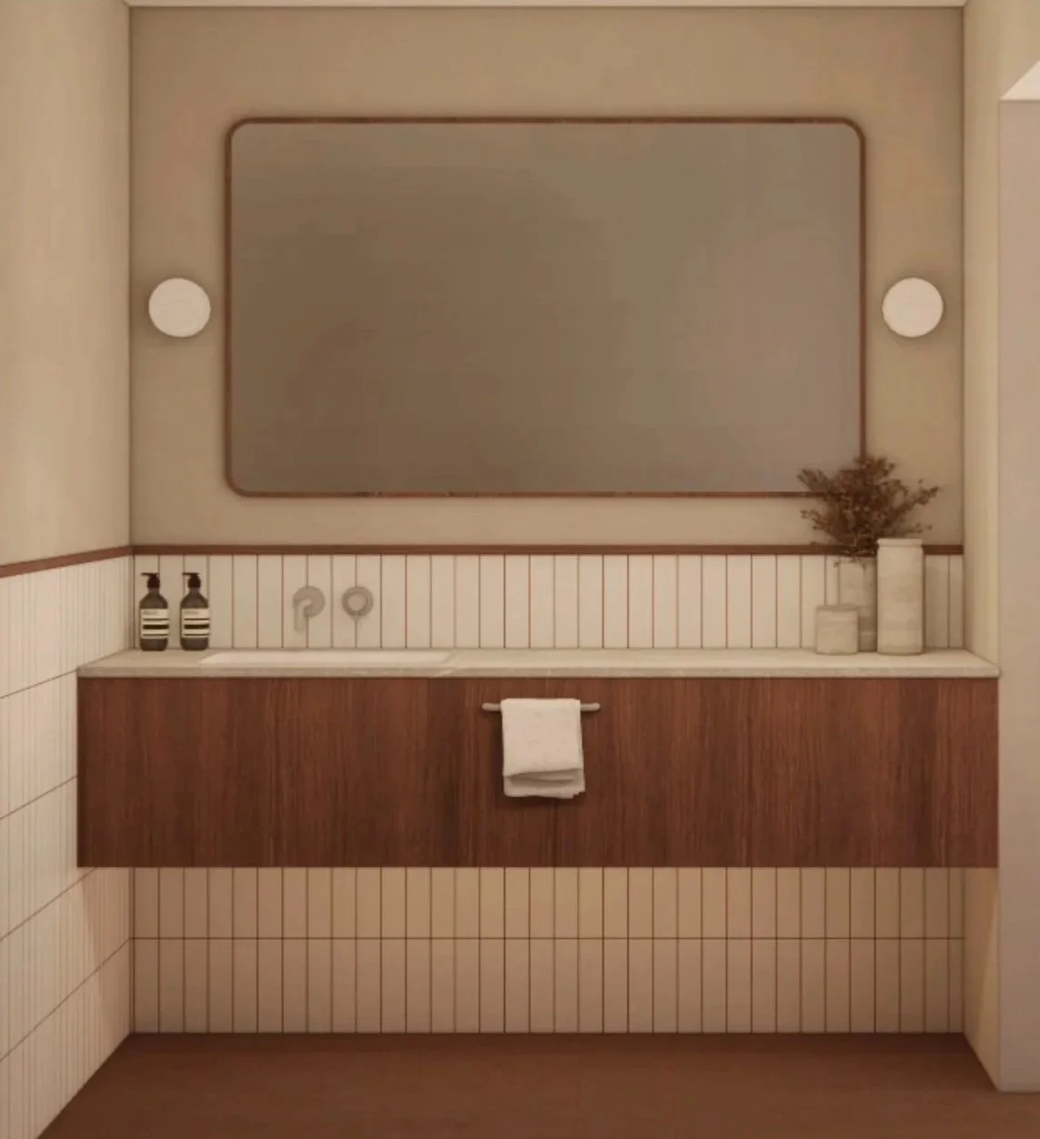 Minimalist bathroom vanity with a mirror, two wall-mounted soap dispensers, a towel hanging on the front, and a potted plant on the right side.