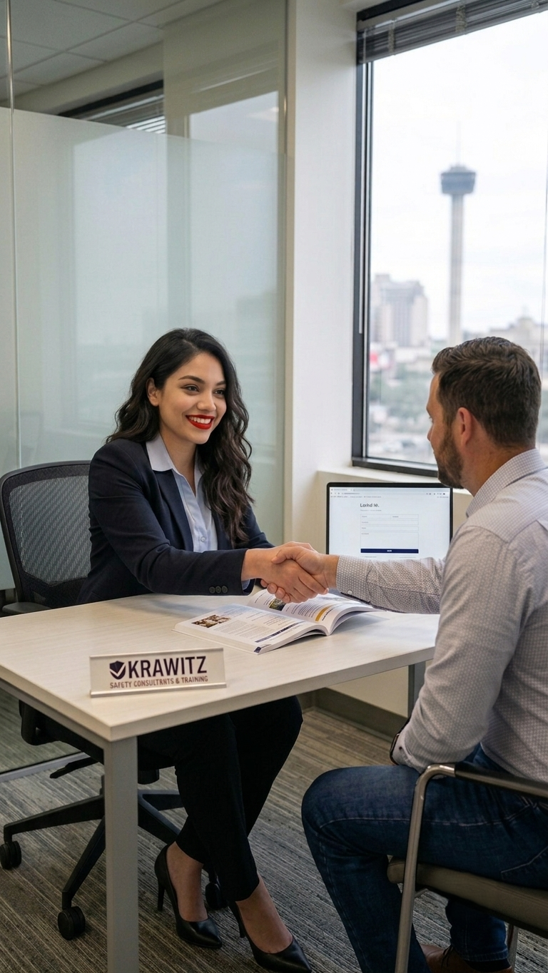 A woman and a man shaking hands during a business interview or meeting in an office, with a sign on the desk reading 'KRAWITZ Safety Consultants & Training'.