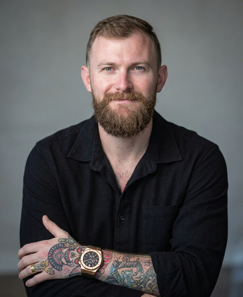 A man with a beard and short hair, wearing a black shirt, has tattoos on his right forearm, and is wearing a gold watch. He is smiling slightly and looking at the camera against a plain gray background.