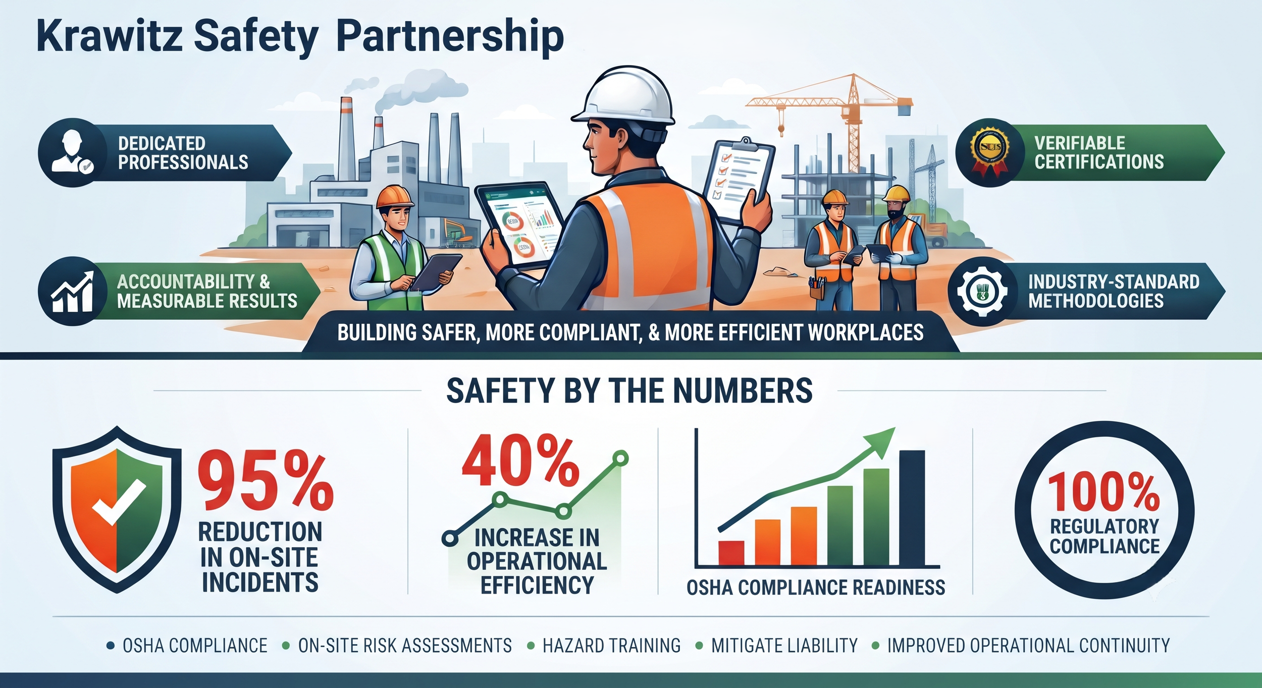 Illustration of construction workers at a building site with the text promoting Krawitz Safety Partnership and emphasizing safety certifications, professional expertise, accountability, and industry standards.