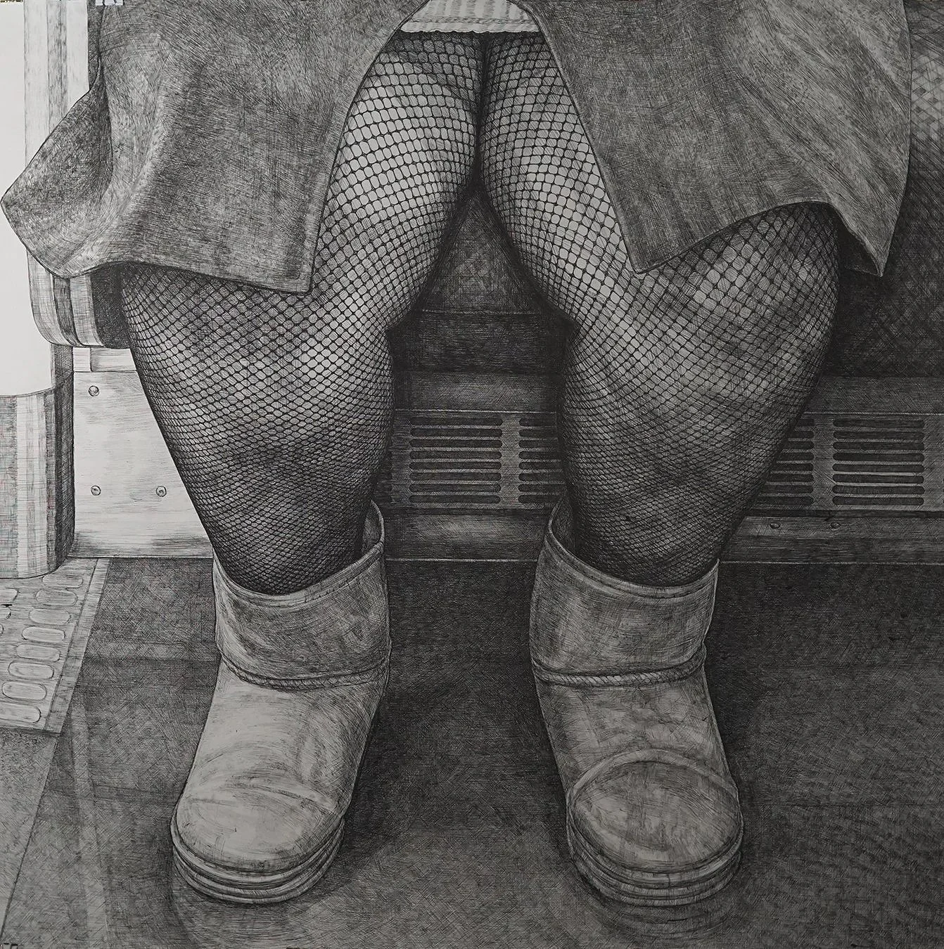 A woman in fishnet stockings (2025) H45"x H45"x W45" Sumi ink on Paper