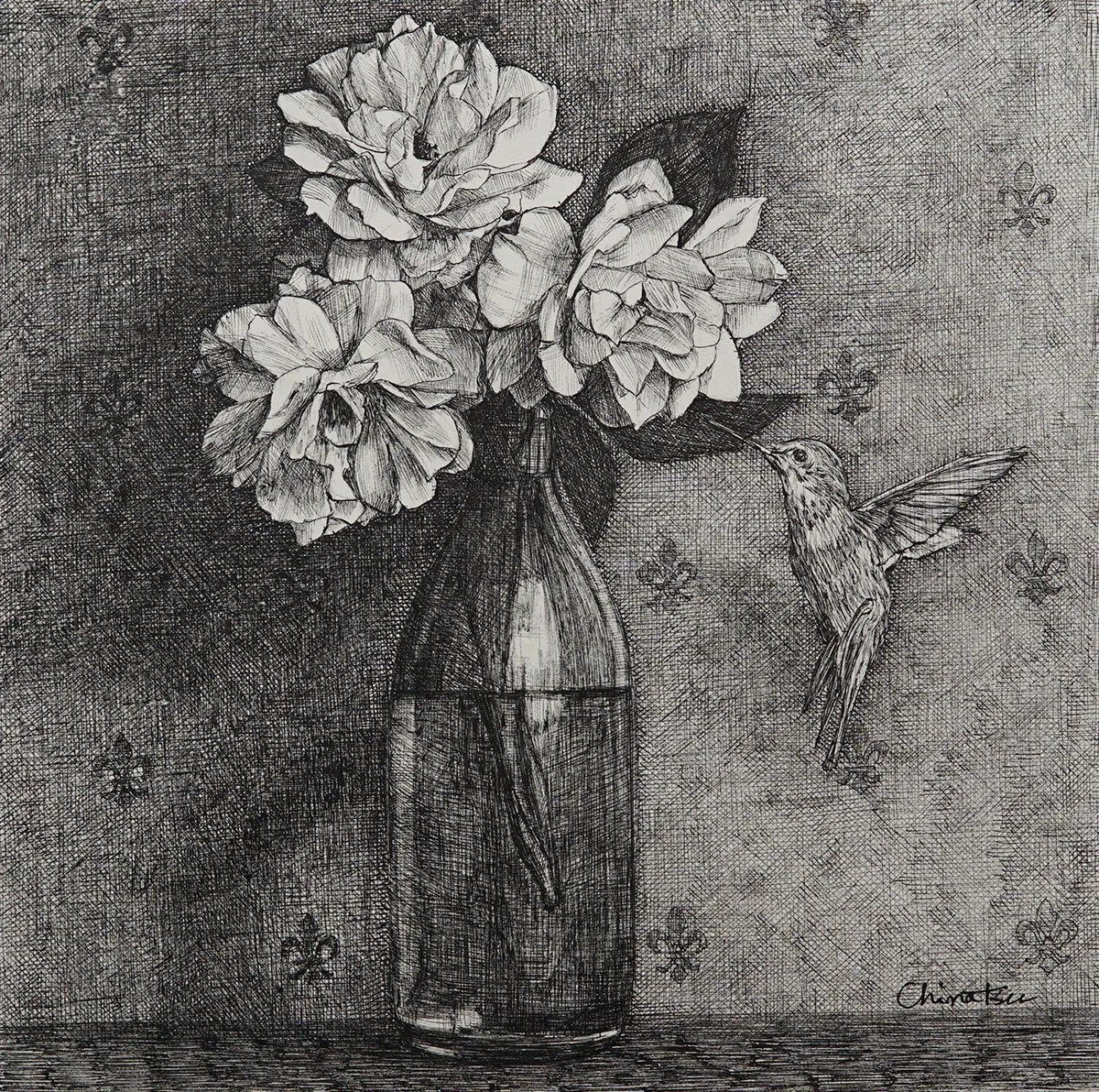 Hummingbirds (2025) H12"x W12" Sumi ink on Paper