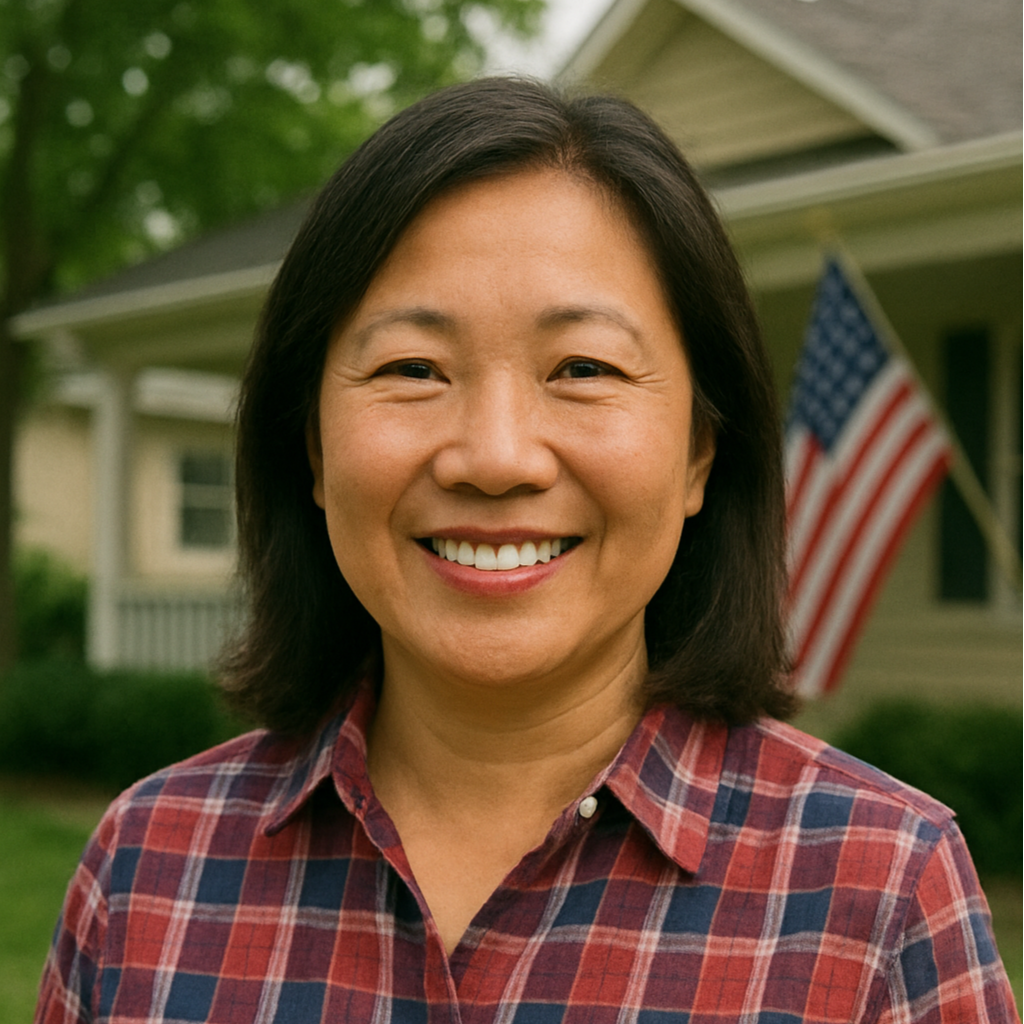 A woman with black hair smiling, wearing a red plaid shirt, standing outside in front of a house with a porch and an American flag.