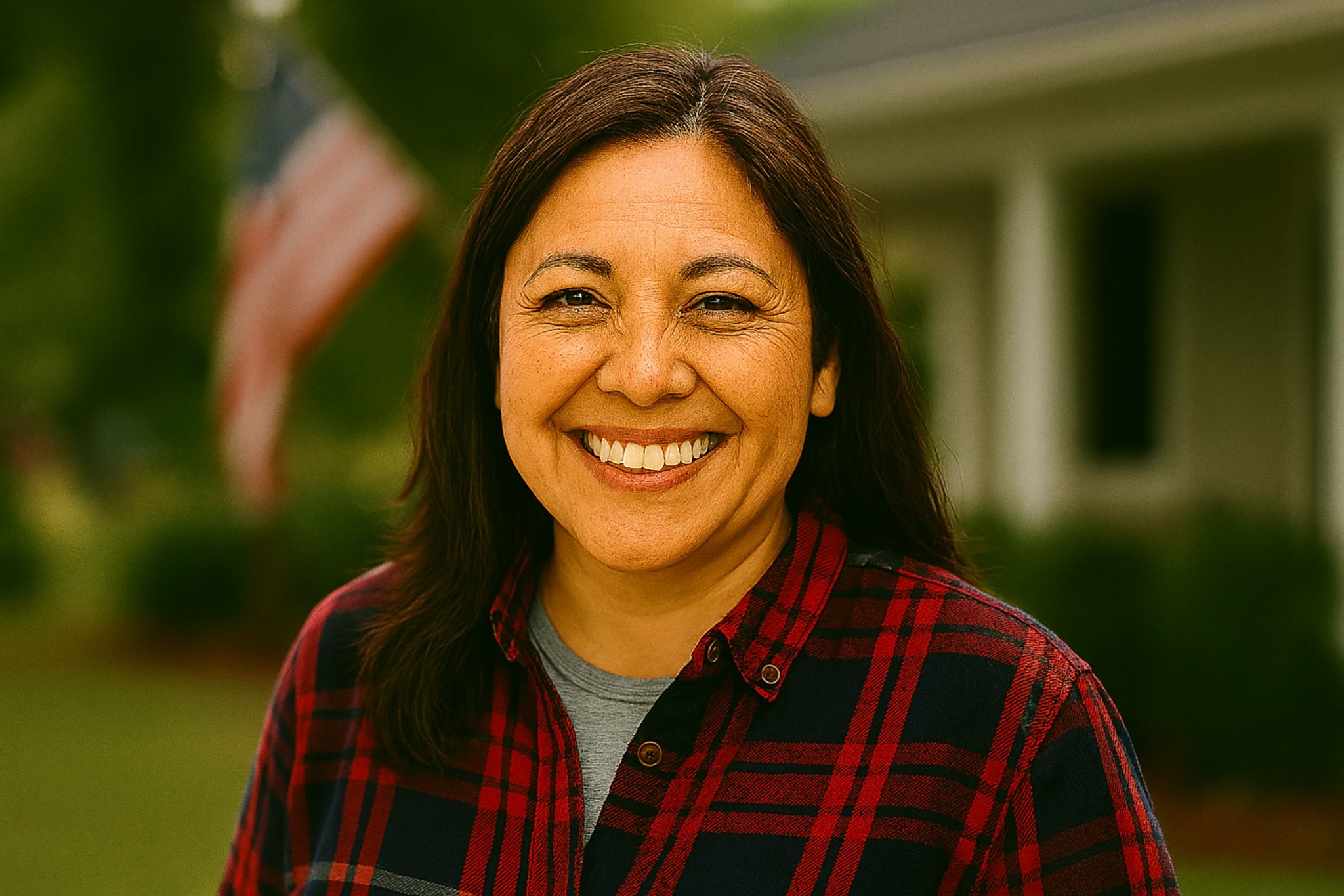 Hispanic American woman by an American flag