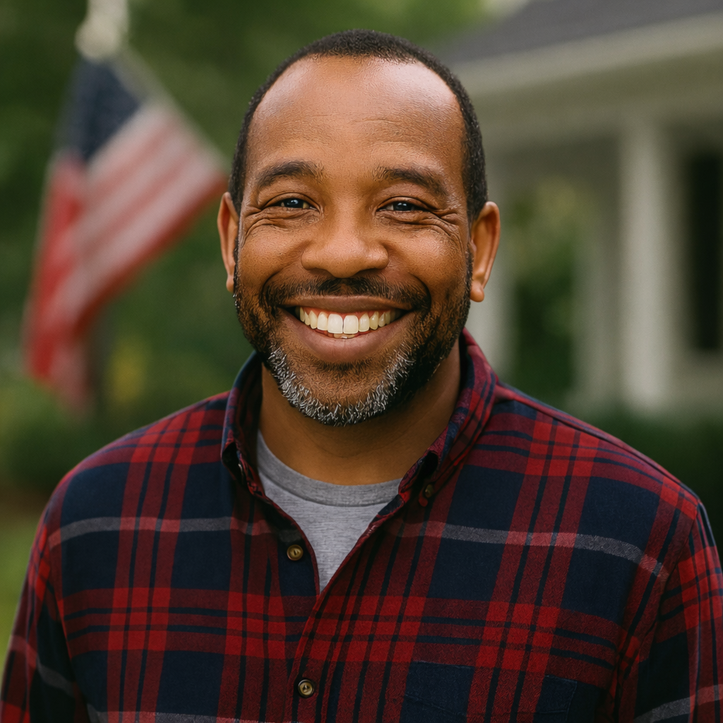 African American man by an American flag
