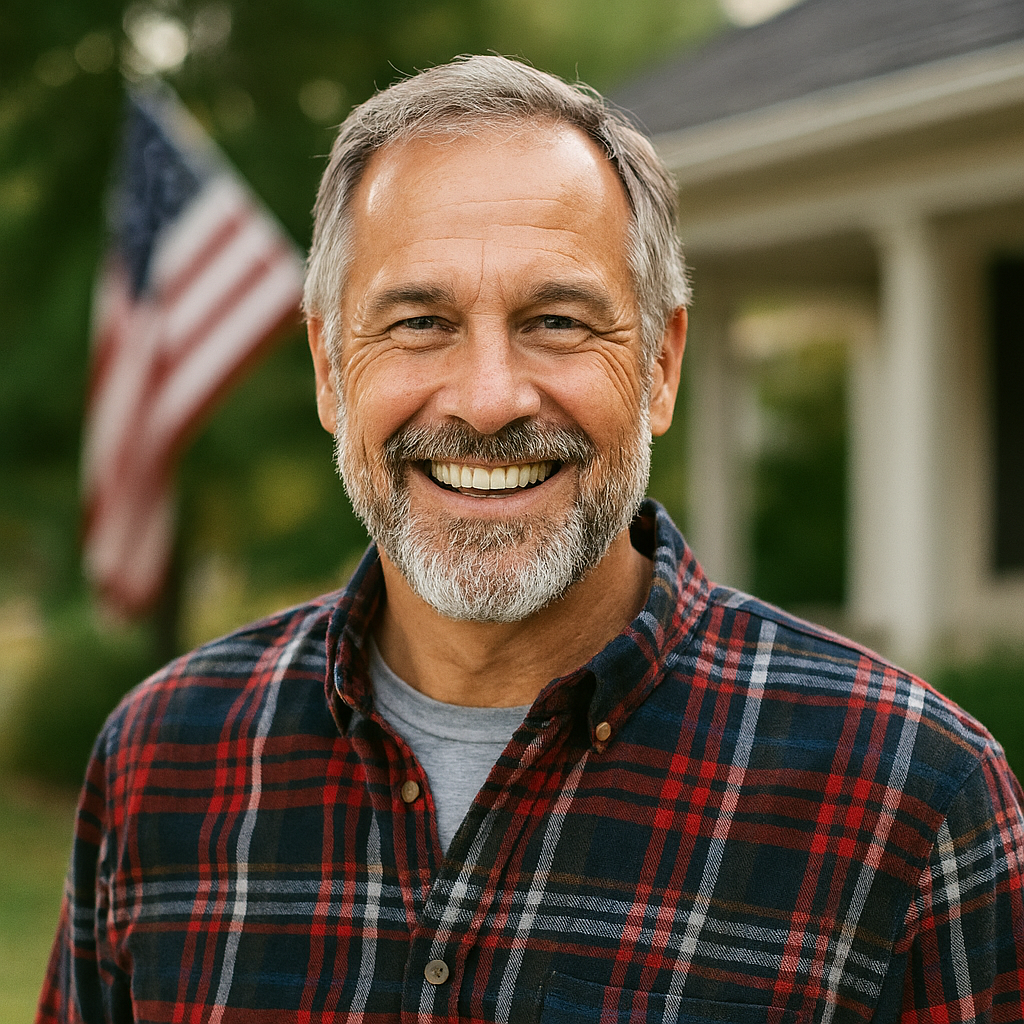 Smiling middle-aged man with gray hair and beard outdoors, wearing a red and black plaid shirt, with an American flag and house in the background.