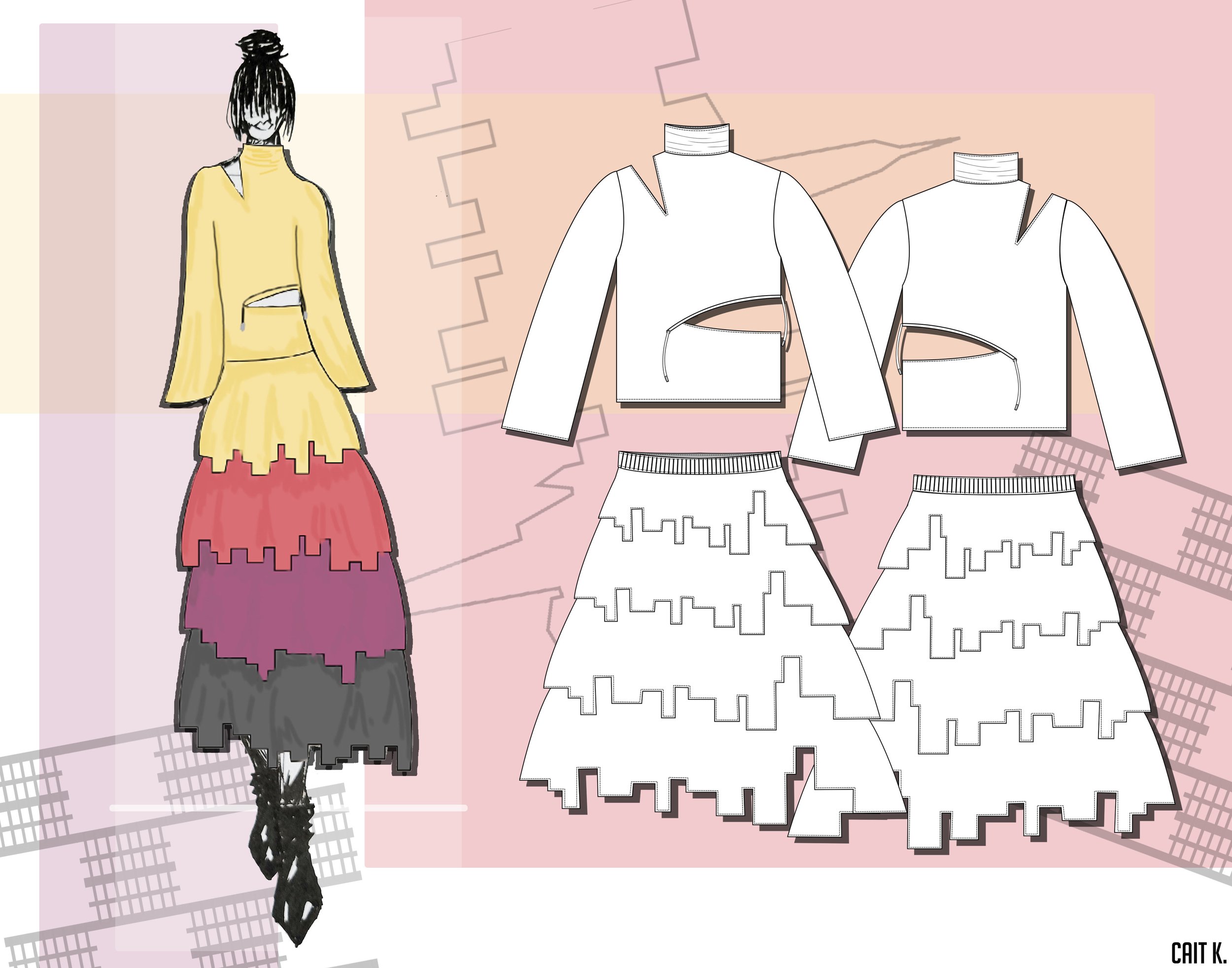 Cut Out Turtleneck & Ruffled Midi Skirt