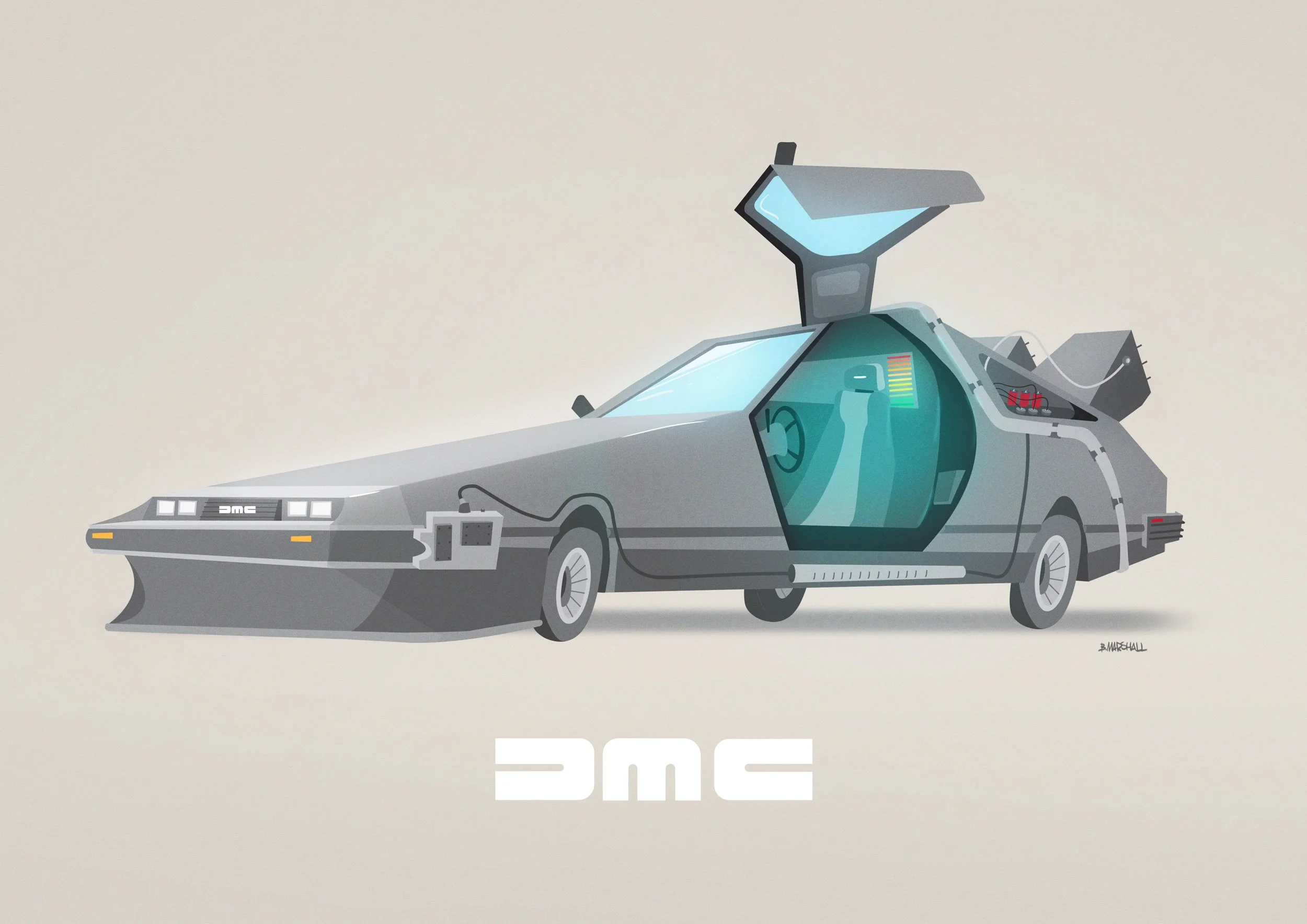 Illustration of the DeLorean time machine from the movie Back to the Future, with futuristic modifications and the DMC logo below.