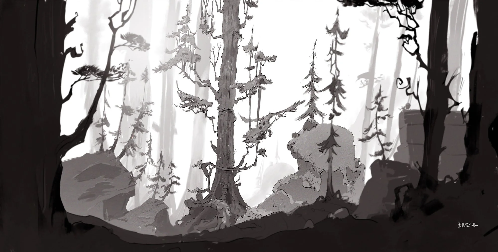 Black and white illustration of a forest with tall trees, rocks, and dense foliage, creating a mysterious and atmospheric scene.
