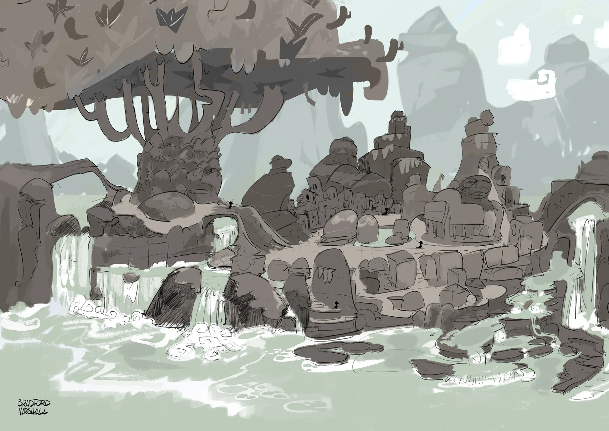 A fantasy landscape with waterfalls, rocky formations, and a large tree with roots and branches. There are small human figures walking on pathways and stairs amidst ruins and natural elements, set against misty mountains in the background.