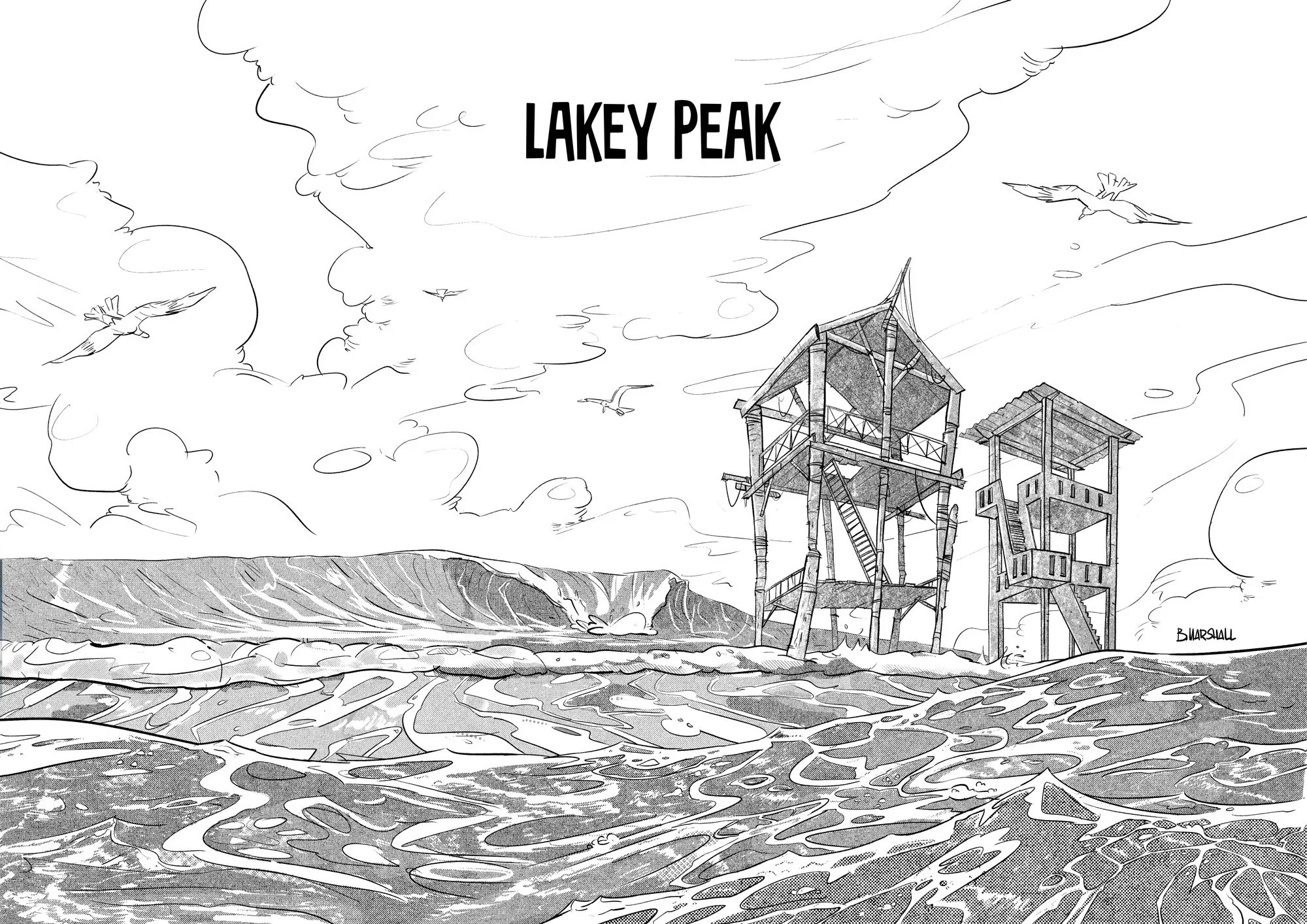 Black and white sketch of Lakey Peak with a view of the water and waves in the foreground, a rugged coast in the background, and a tall wooden structure with multiple levels and stairs on the right side. Several flying birds are visible in the sky, a