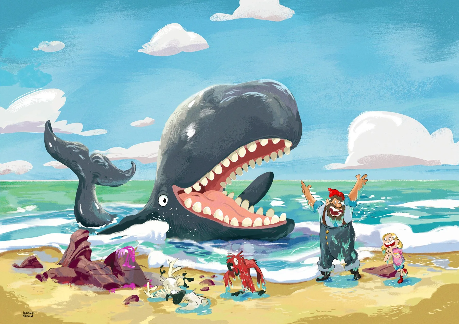 A cartoon scene at the beach with a giant whale emerging from the water with an open mouth showing teeth, flanked by a whale tail and other sea creatures. Two children and a man with a beard and red hair are happily playing in the sand and water.