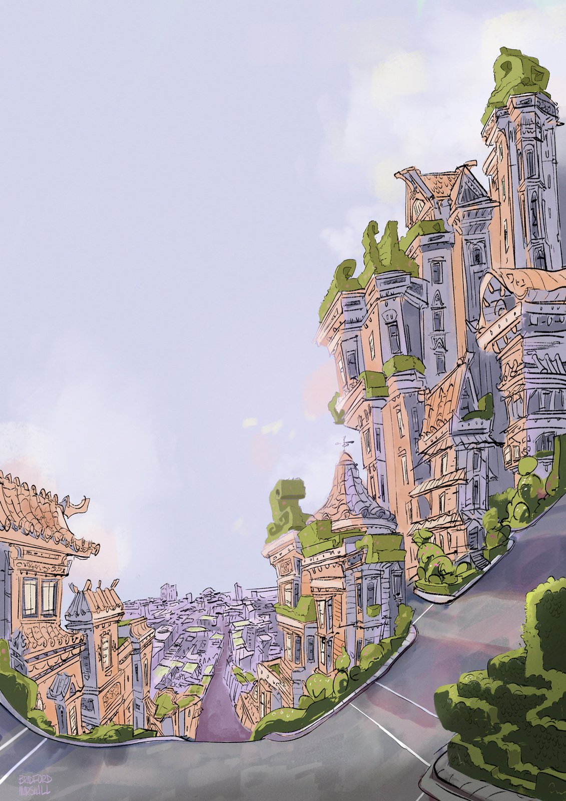 Illustration of a cityscape with tall, ornate buildings featuring rooftops with greenery, and a winding road in the foreground, under a partly cloudy sky.