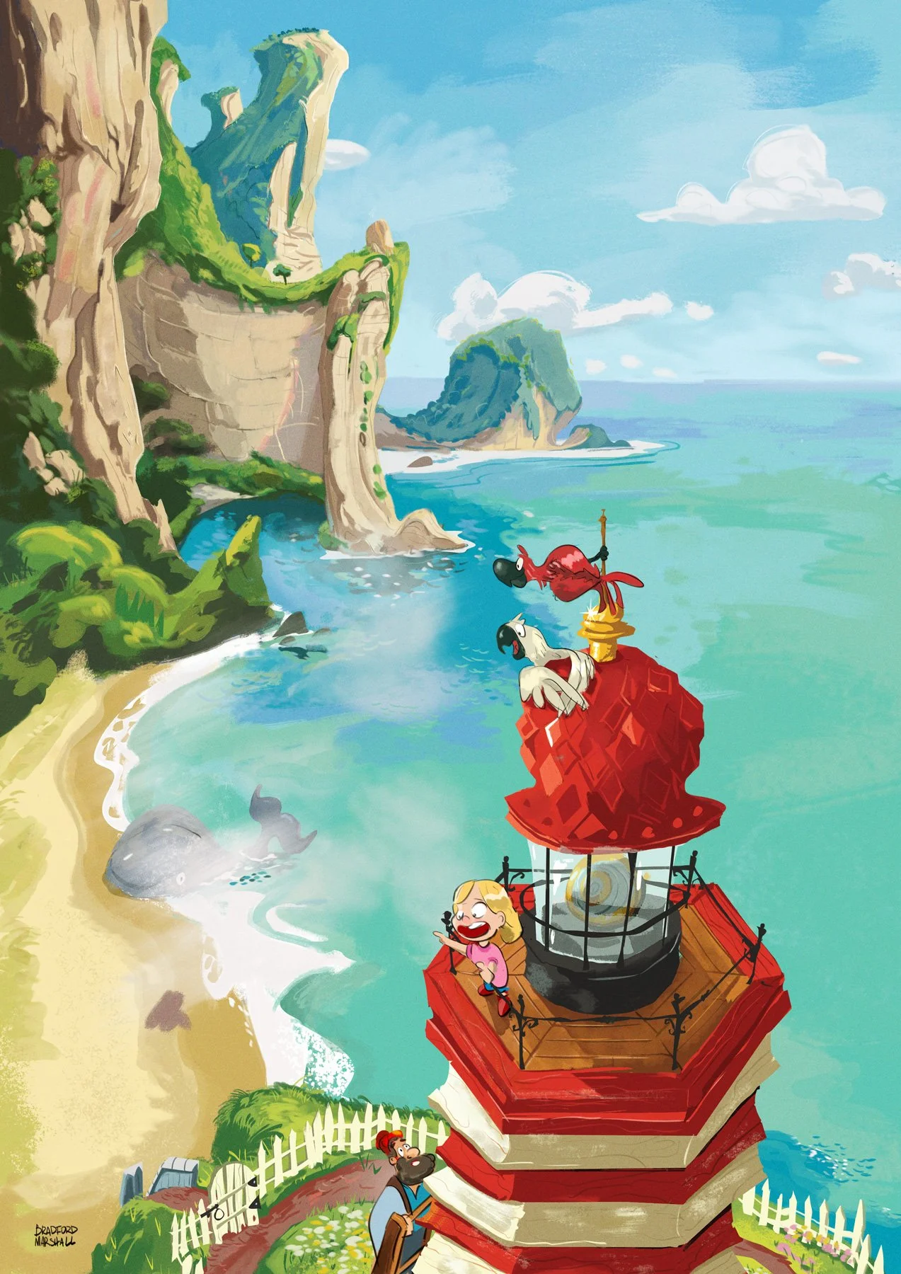 Whimsical illustration of a coastal scene with a lighthouse topped by animated characters including dogs and a girl. A large rock formation with waterfalls and cliffs is in the background, along with ocean waves, clouds, and distant islands.