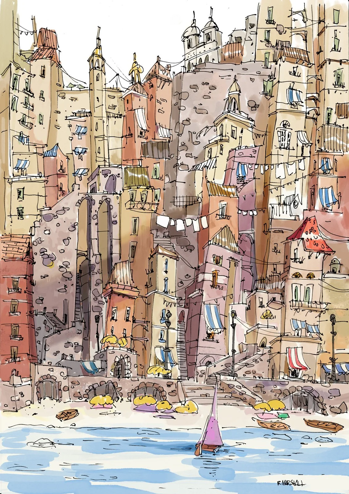 A colorful sketch of a seaside city with tall, narrow buildings stacked on a hillside, some with awnings and balconies, and boats docked at the shore.