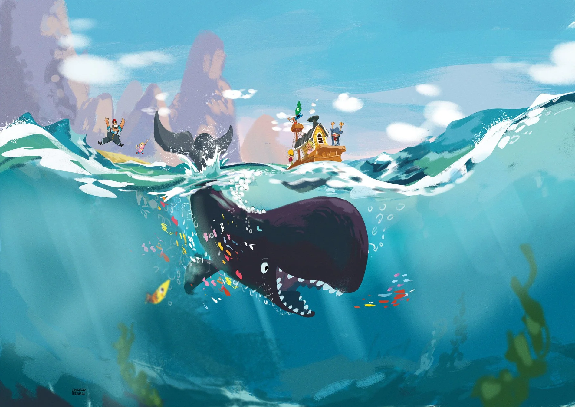 Animated scene of a large whale breaching the ocean surface, with a ship and pirates on top of the water, and a person and a small dolphin in the water nearby.