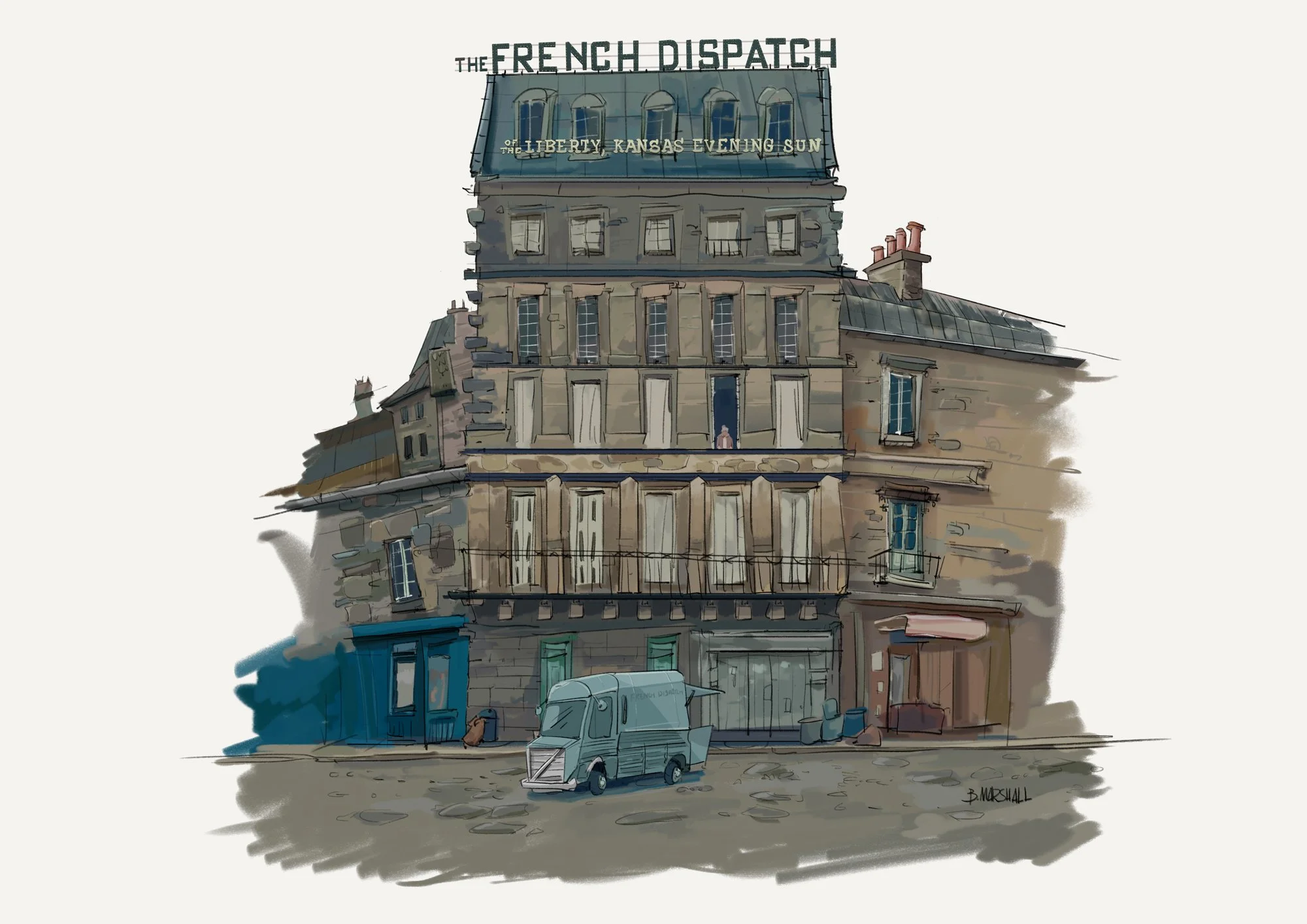 A colorful illustration of a city building labeled 'The French Dispatch' with a rooftop sign and a small delivery truck parked in front, with a street scene and storefronts.