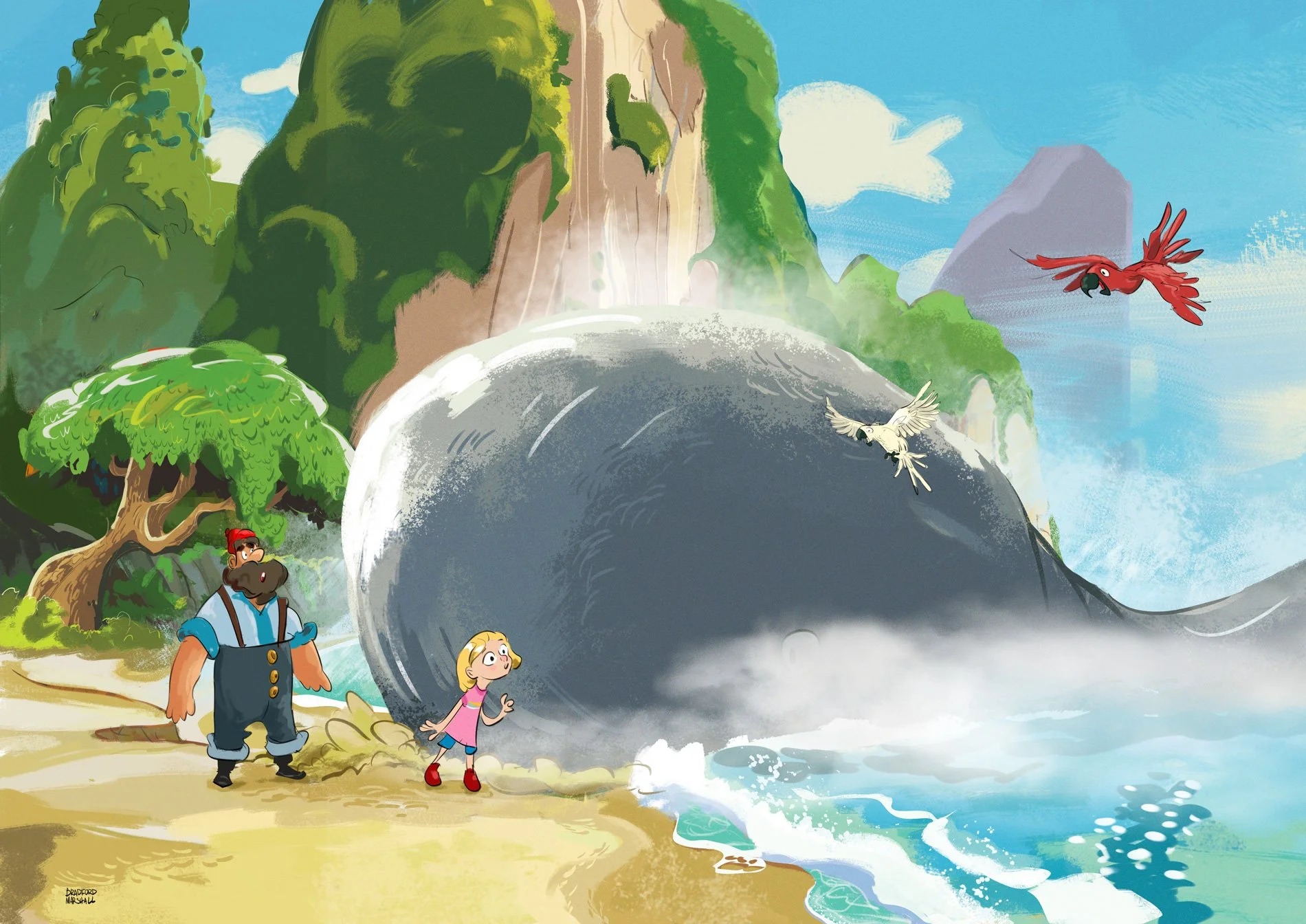 A cartoon scene with a whale washing up on the beach, two children watching it, and a big parrot flying in the sky. There are trees, a waterfall, clouds, and a large rock in the background.