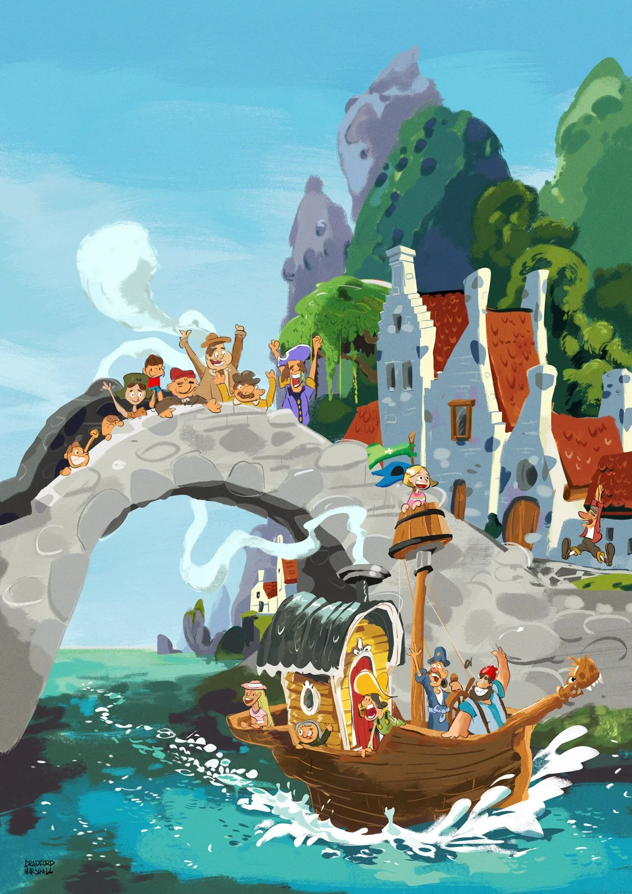 Animated scene of fairy tale characters sailing on a boat in a river, passing under a stone bridge with a group of cheerful people on it. In the background, there is a whimsical castle with multiple towers, lush green trees, and mountains.