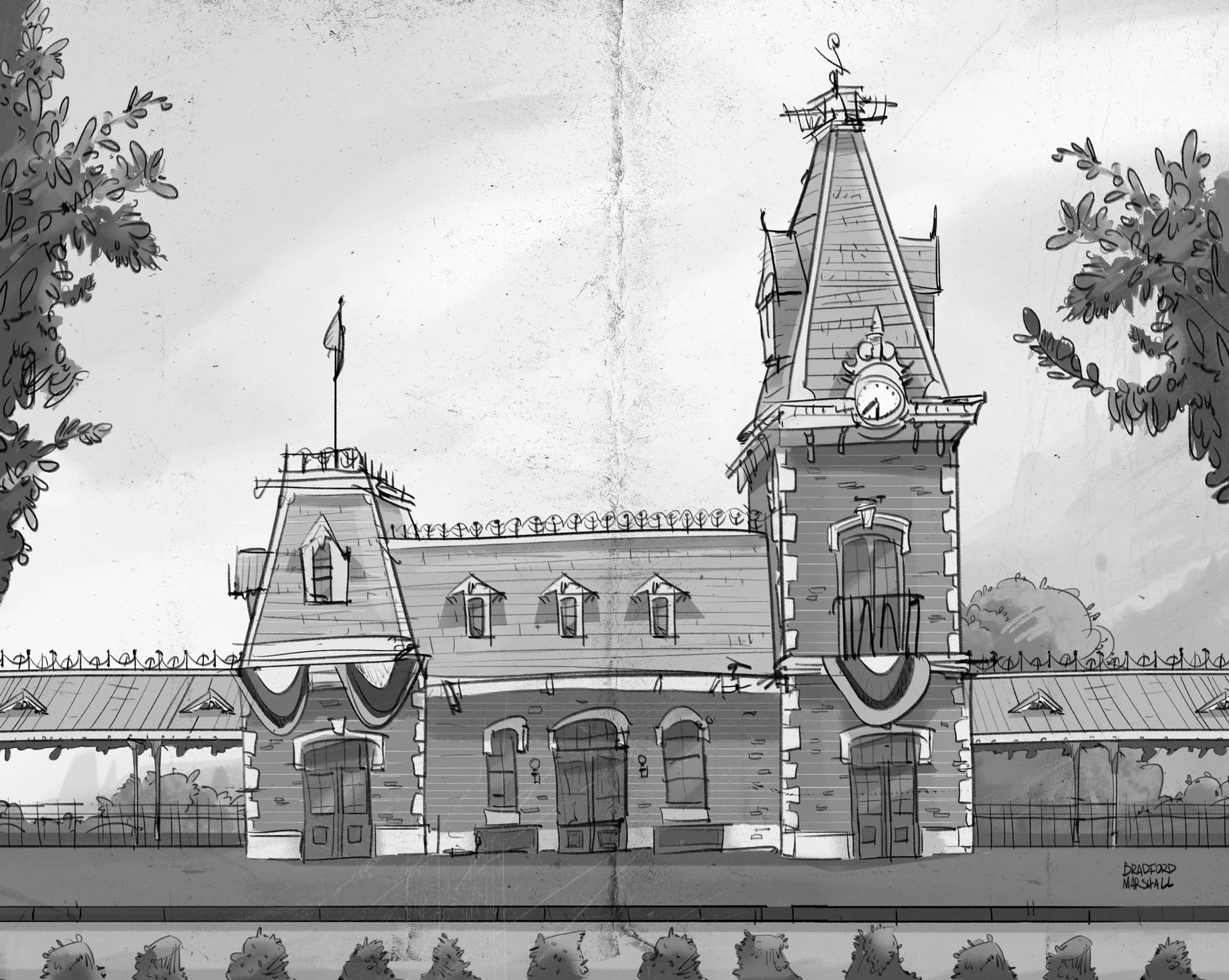 Black and white illustration of a historic train station with a clock tower, flags, and decorative banners, surrounded by trees and bushes.