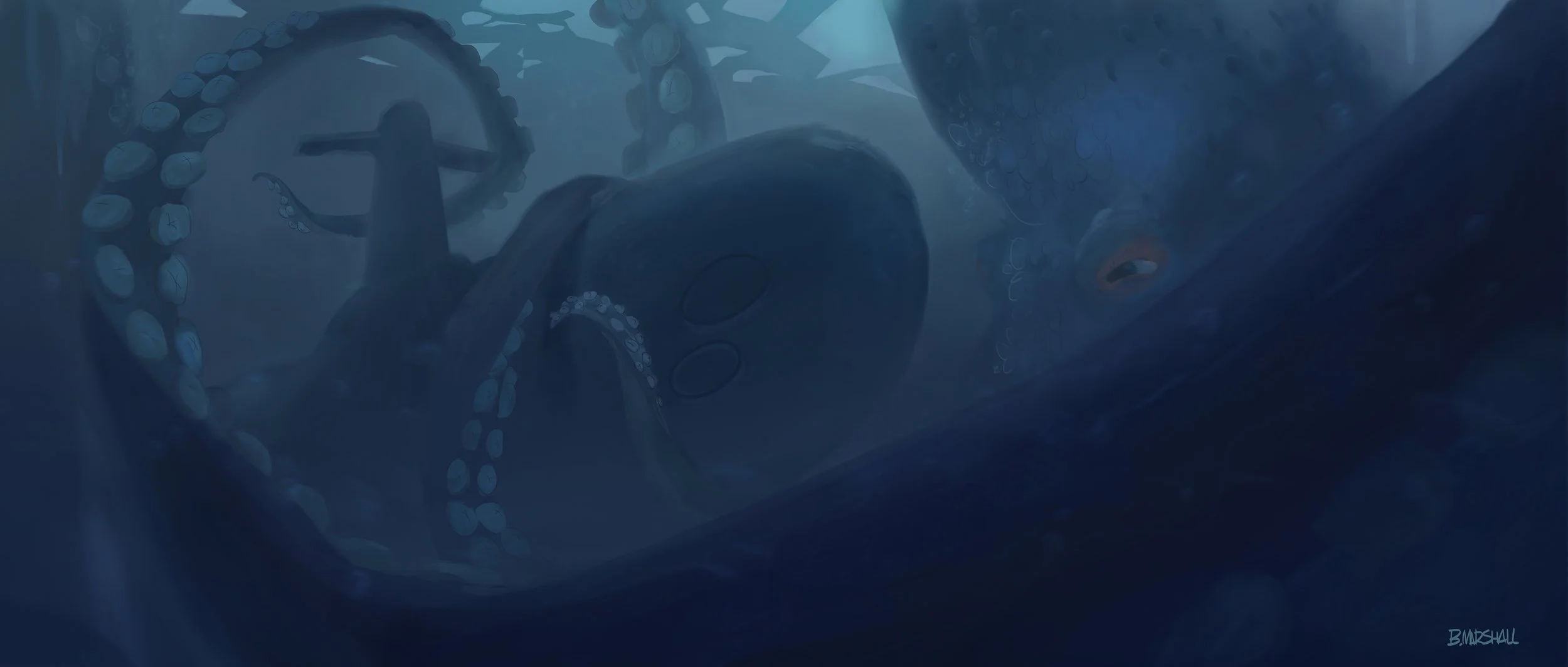 An underwater scene featuring a large octopus with its tentacles curled around a submarine. The scene is dark and blue, giving a mysterious and deep-sea atmosphere.