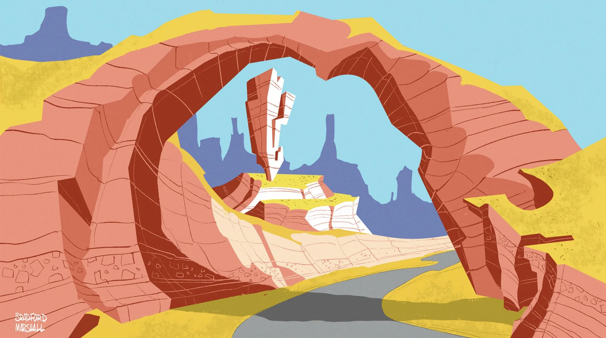 Digital illustration of a desert landscape featuring a natural rock arch formation in the foreground, with towering mesas and buttes in the background under a blue sky. Bright yellow and earthy red tones are predominant.