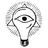 A drawing of a light bulb with an eye in the center and a pyramid inside. Radiating lines around the light bulb.