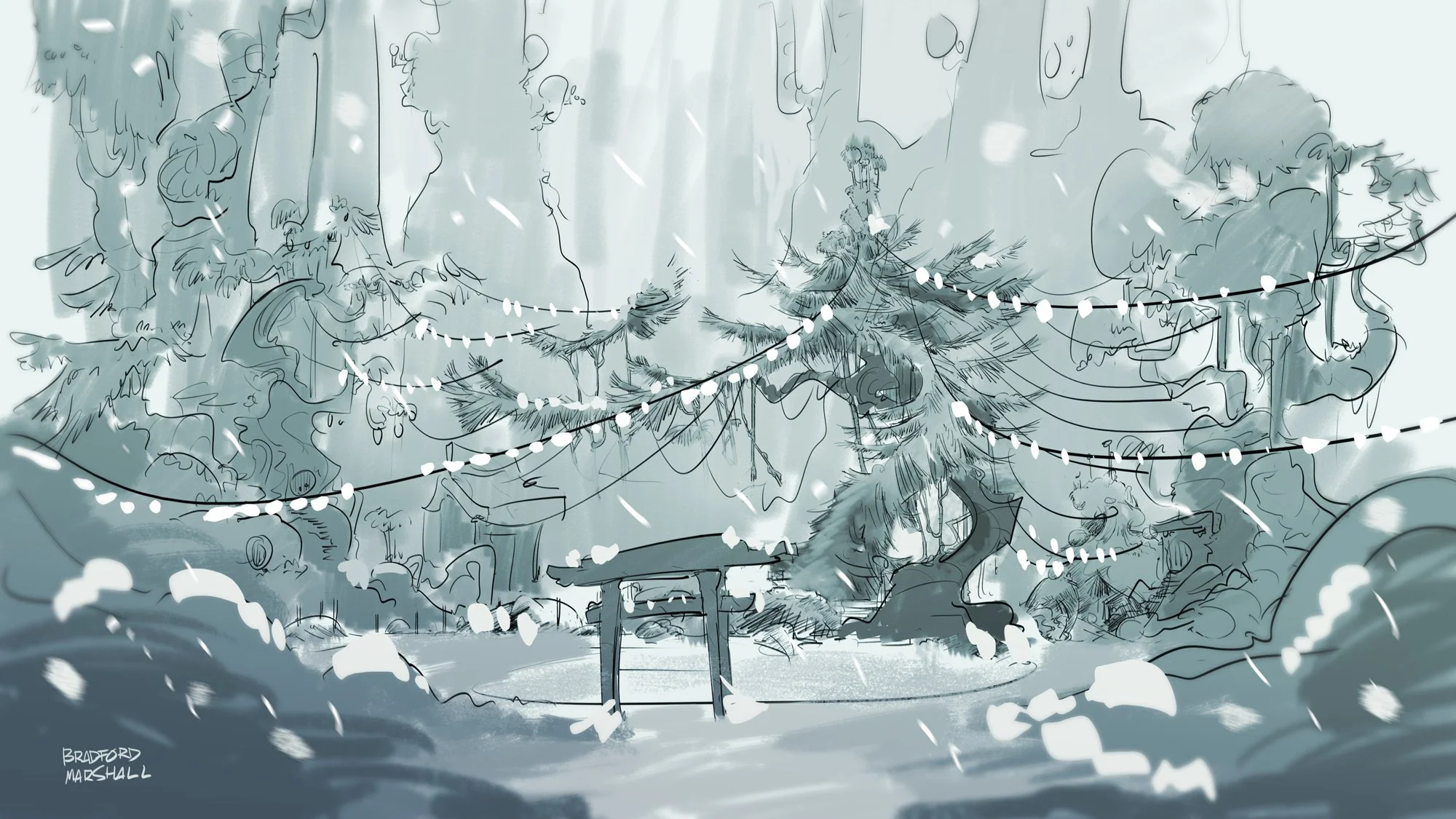 An artistic, sketch-like illustration of a snowy outdoor scene with string lights hanging across trees, a small shrine or altar in the foreground, surrounded by snow-covered trees and rocks.