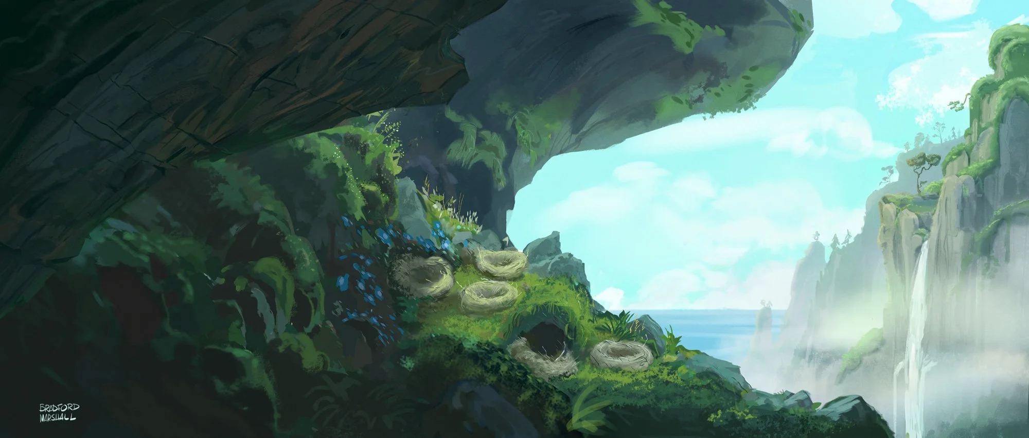 A lush green cliffside with a small cave opening, moss-covered rocks, blue flowers, and distant waterfalls overlooking the ocean, with a cloudy sky.