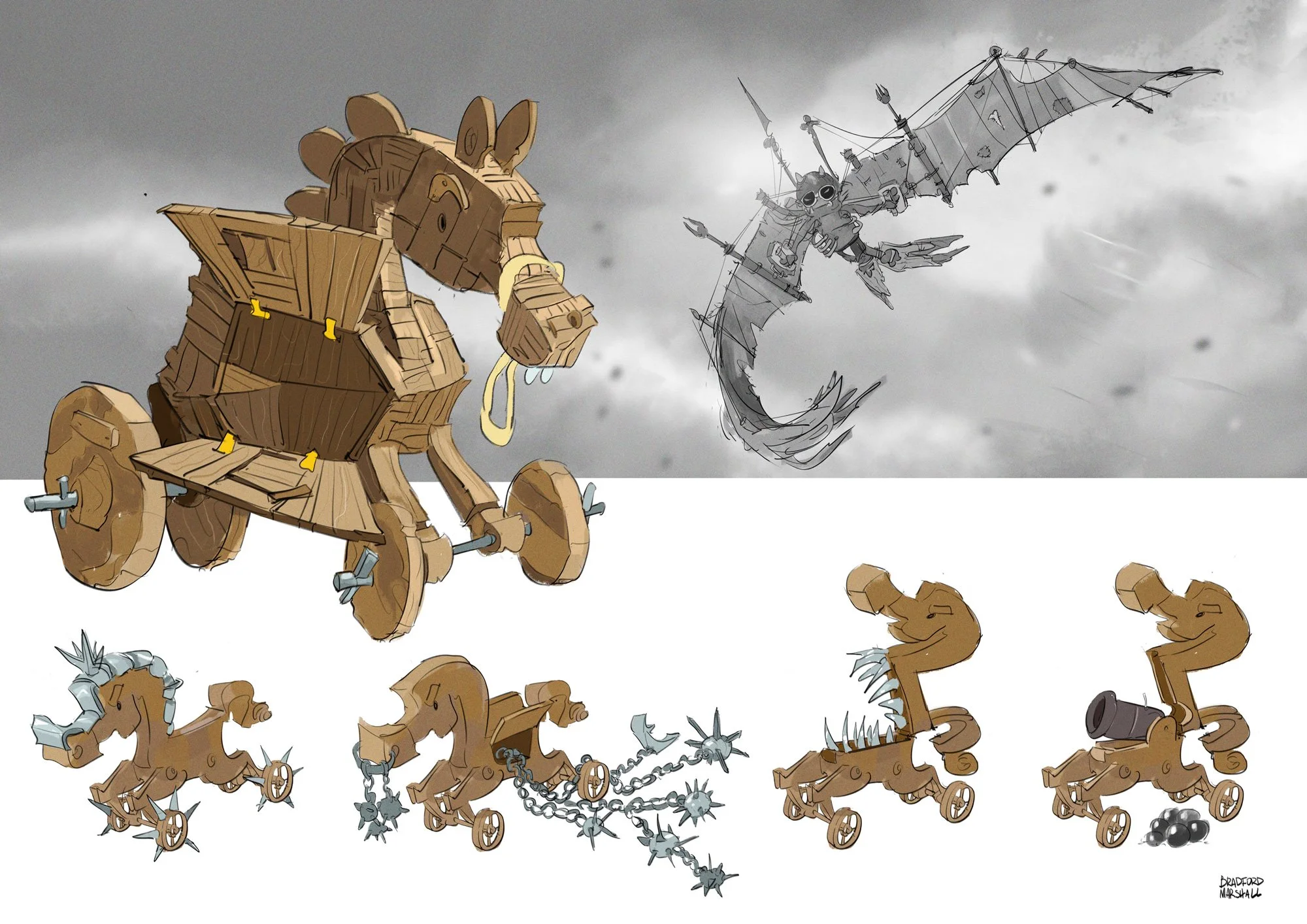 Animated character construction vehicle resembling a mouse with large ears, wearing a yellow tie, and a steampunk-style dragon with chains, spikes, and a cannon, set against a cloudy sky in a comic or video game art style.