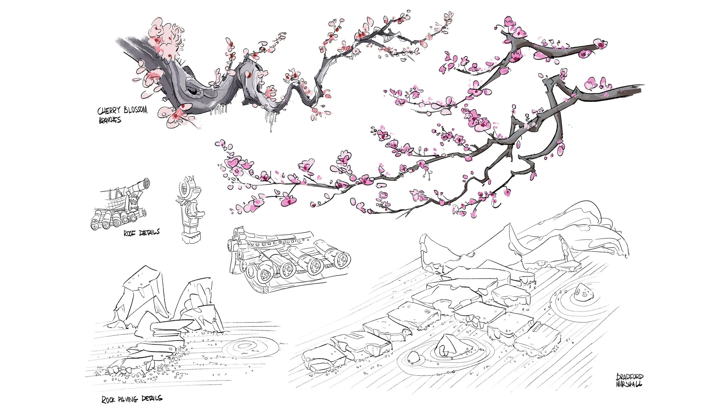 A design sketch of a cherry blossom tree branch with pink flowers, along with detailed drawings of roof, rock, and paving details, and mountains in the background.
