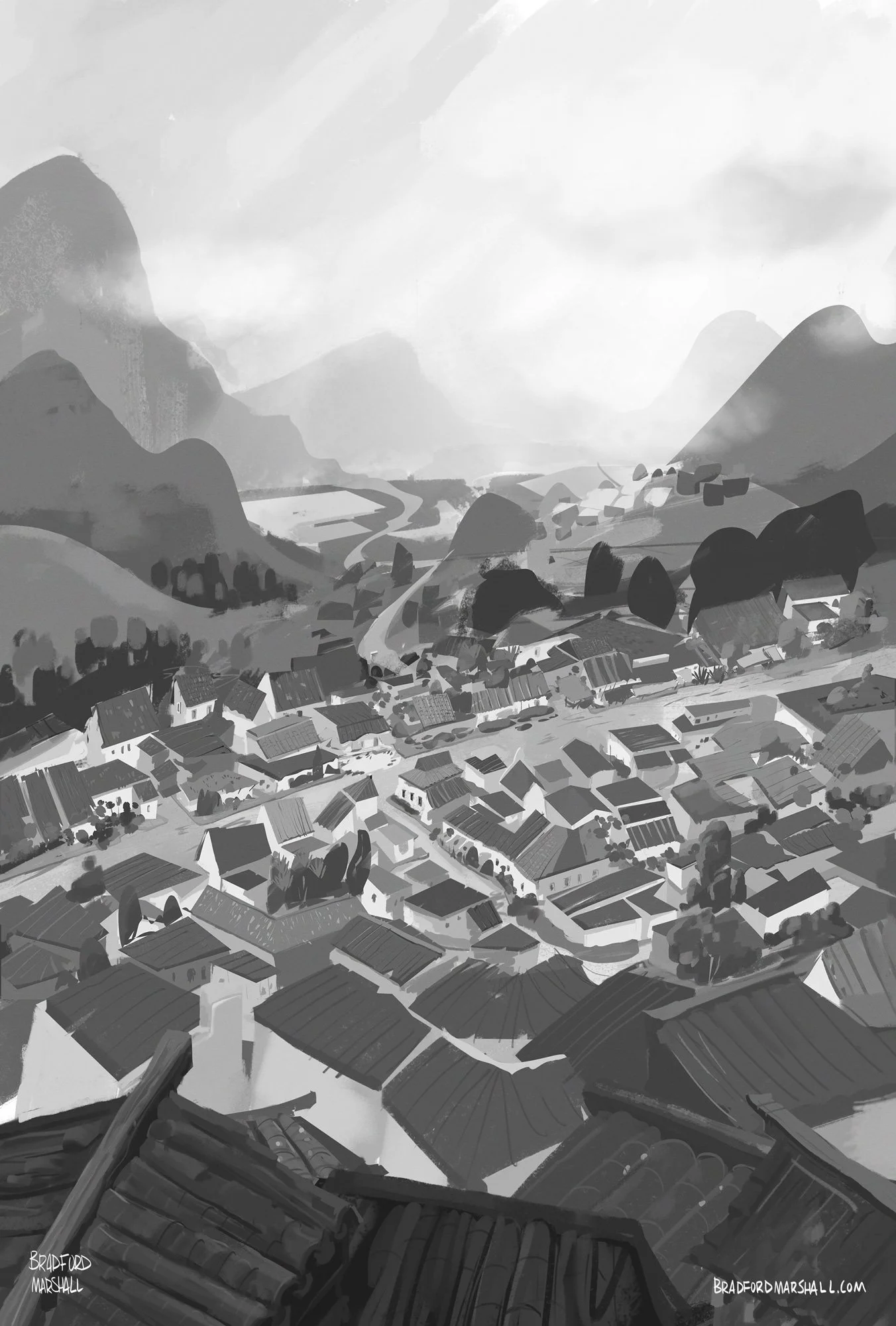 A grayscale digital painting of a mountain village with rooftops, trees, and mountains in the background.