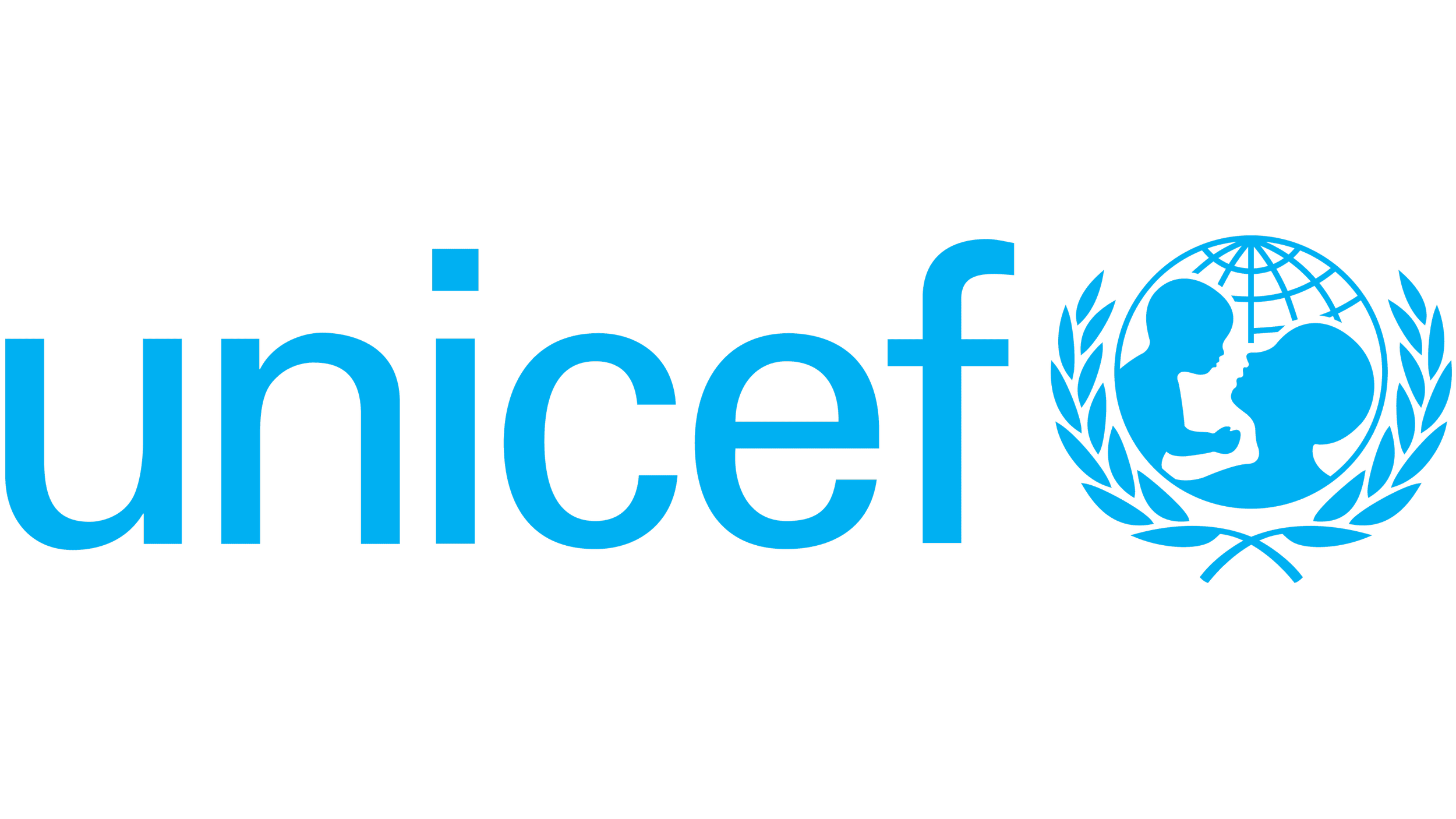 UNICEF logo with the blue UNICEF text and emblem showing a mother and child inside a globe surrounded by laurel leaves.
