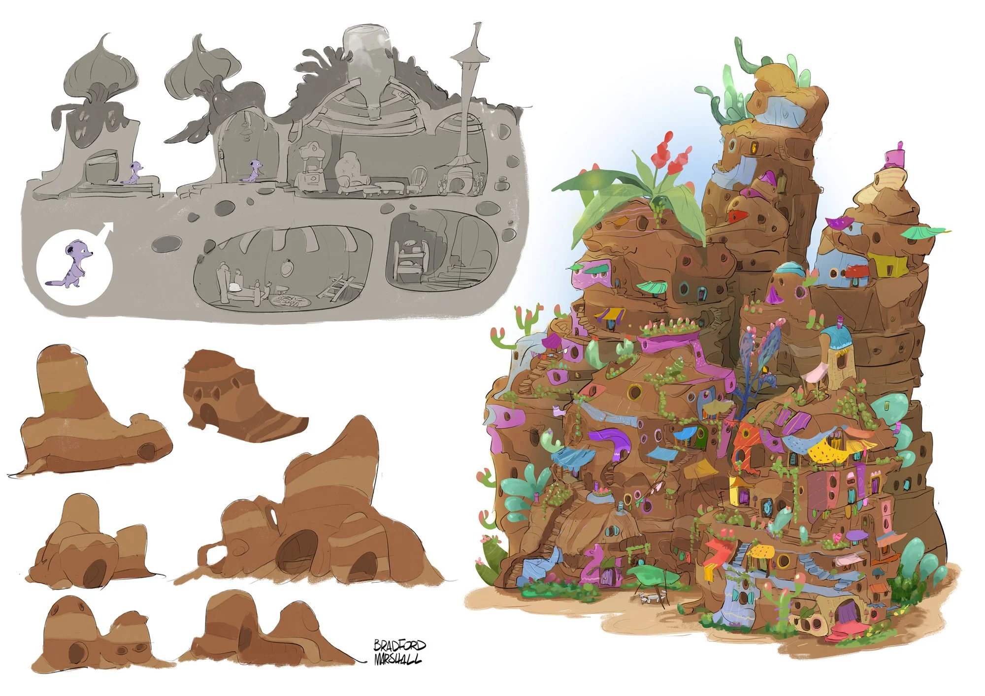 Colorful, detailed illustration of a whimsical multi-level fantasy city built into a large rock formation, with various houses, bridges, plants, and fantastical elements. The left side shows grayscale concept sketches of the structures and interior e