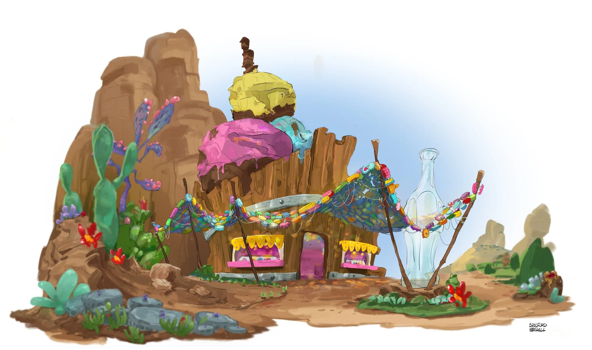 A colorful, whimsical desert scene with a rock formation topped with pastel-colored blobs, cacti with purple flowers, and a small wooden building adorned with vibrant lights and buntings, featuring swings and a glass bottle on a stand.