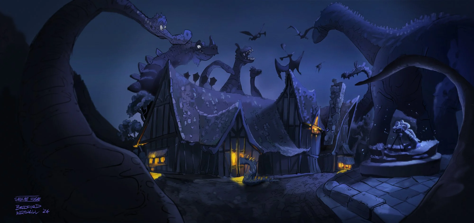 A dark, animated illustration of a medieval-style village of Los Angeles restaurant, dinosaurs flying in the night sky and one large dragon encircling the scene, with glowing windows and a statue of a wizard on a platform to the right. Los