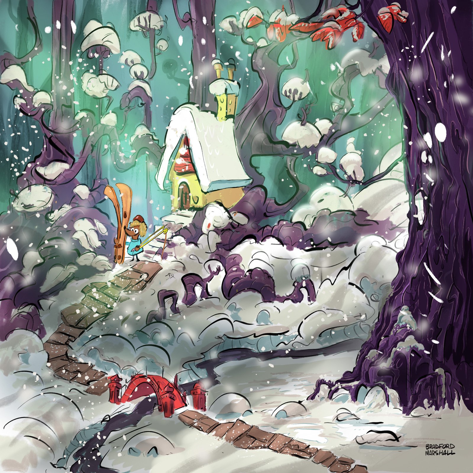 A whimsical snowy forest scene with a small, cozy house in the background, a rabbit holding skis and a pole near a wooden bridge, tall trees with purple and green foliage, snow-covered rocks and steps, and snowflakes falling from the sky.