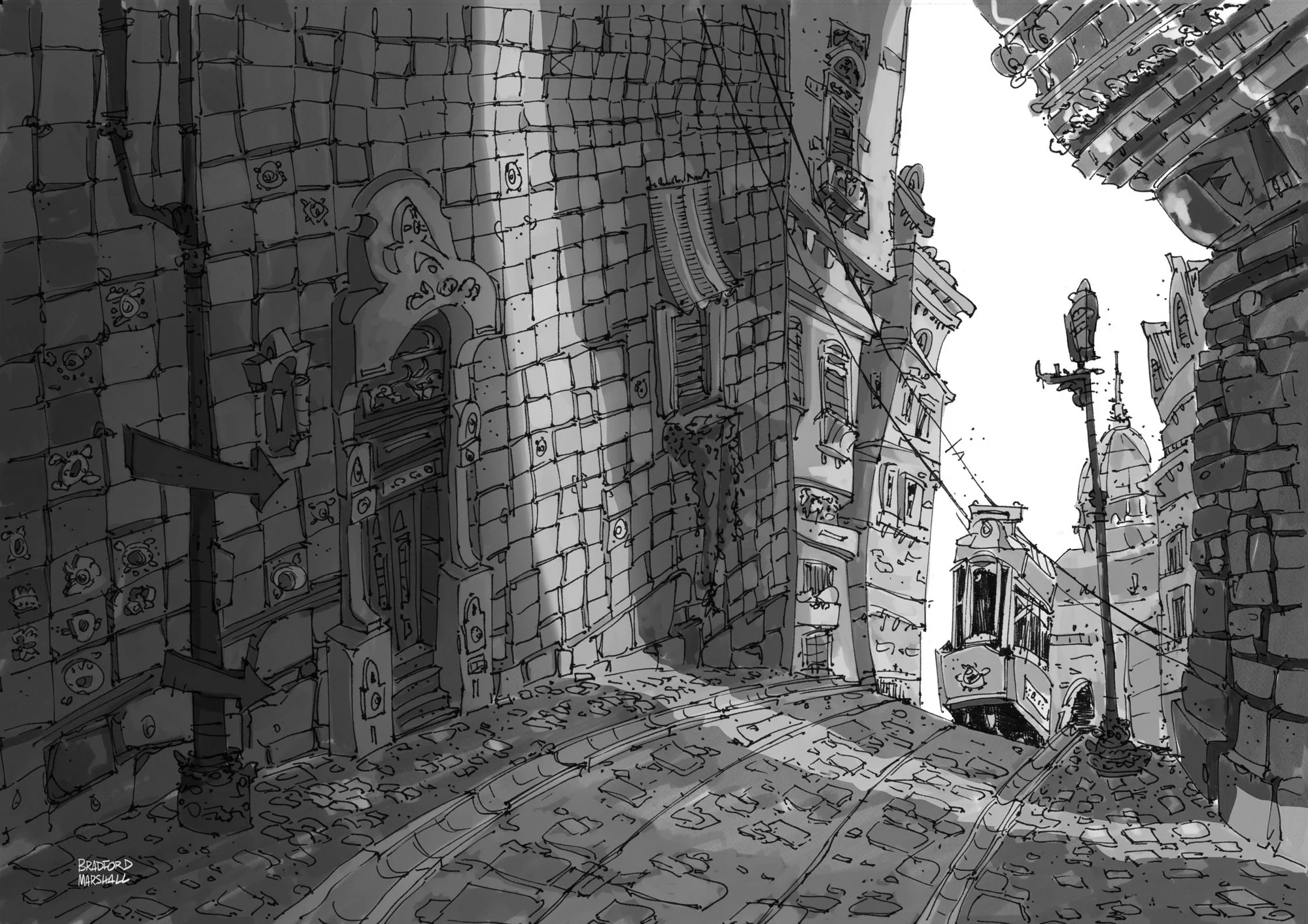 A grayscale sketch of a city street showing old buildings with elaborate facades, a tram on curved tracks, and vintage street lamps.