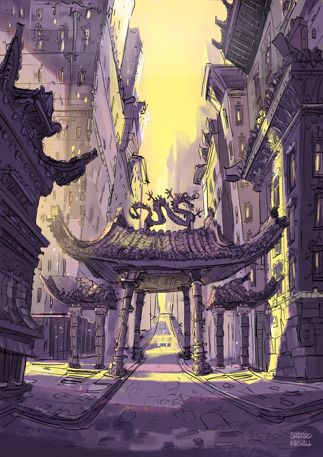 A fantasy-style street scene with traditional Chinese architecture, pagoda-style roofs, and a large ornate gate. A large dragon sculpture is on top of the gate, with buildings and skyscrapers looming in the background, illuminated by warm, yellowish 