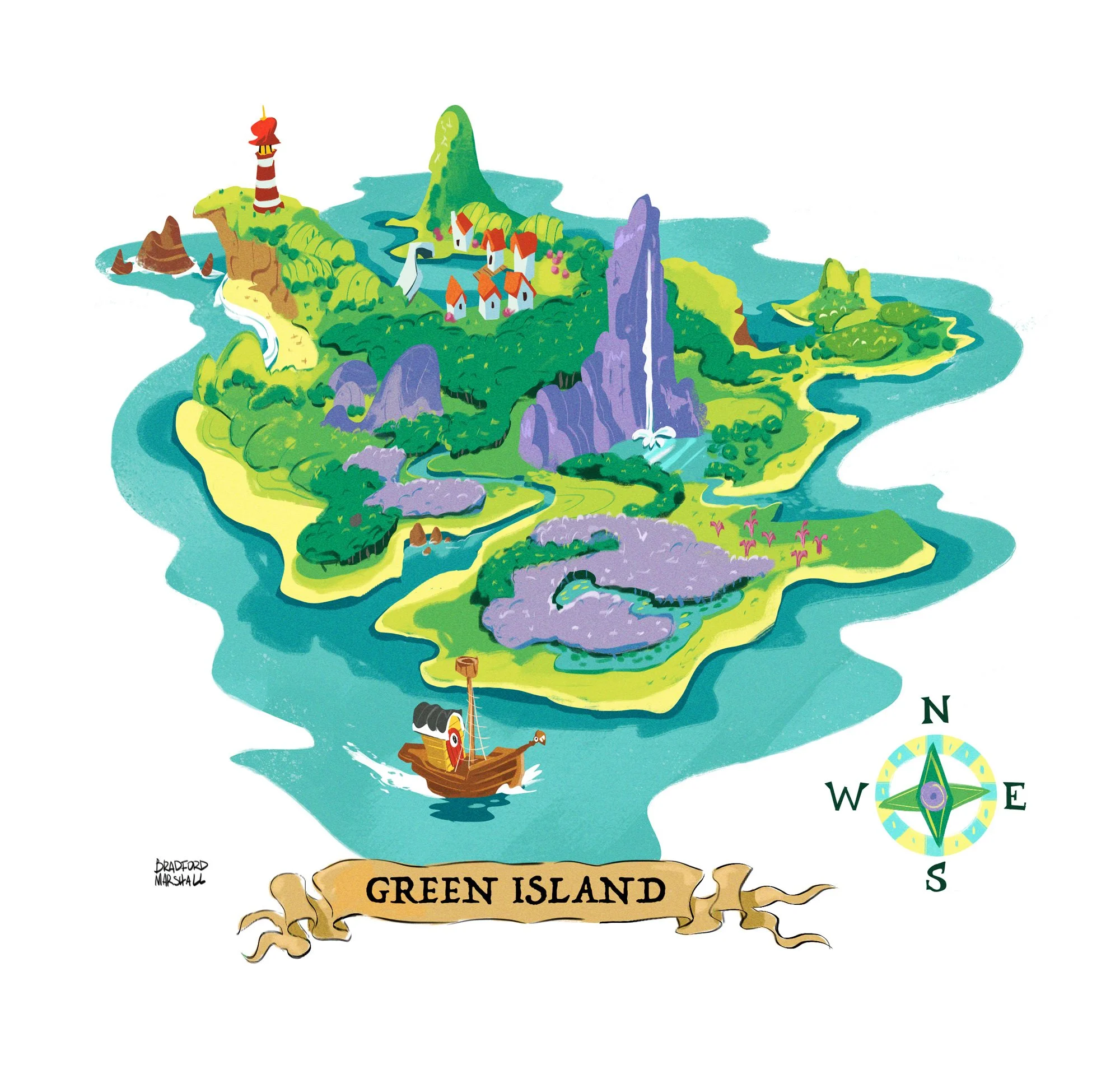 Colorful illustrated map of Green Island with a compass rose showing directions north, south, east, and west. Features include a lighthouse, houses, waterfalls, mountains, lakes, and a pirate ship sailing near the island. The map has a banner at the 