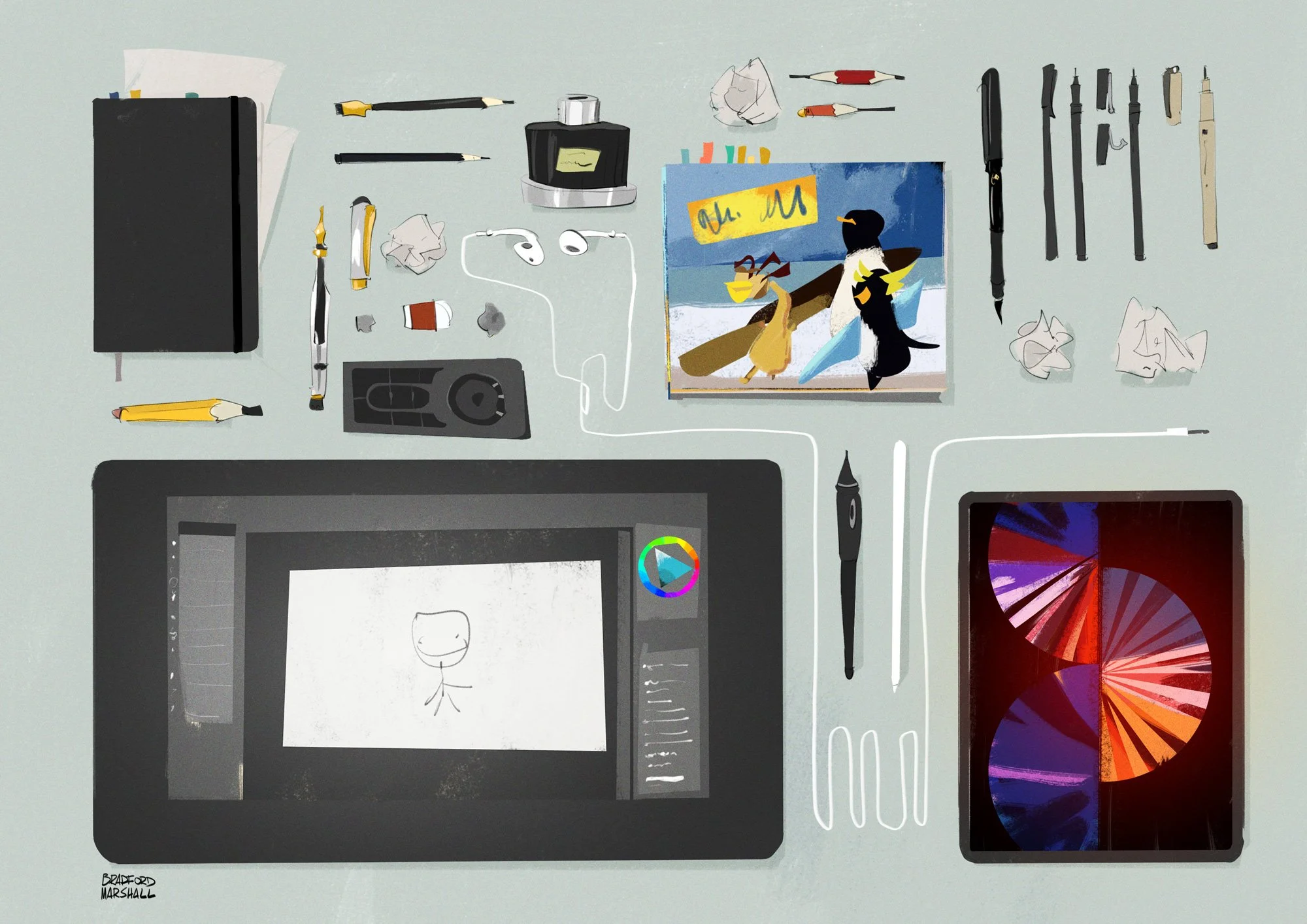 Overhead view of an artist's workspace with drawing tablet, stylus, sketchbook, color palette, paintbrushes, pens, pencils, paper, earbuds, a small speaker, and a computer screen displaying a sketch of a smiling figure.