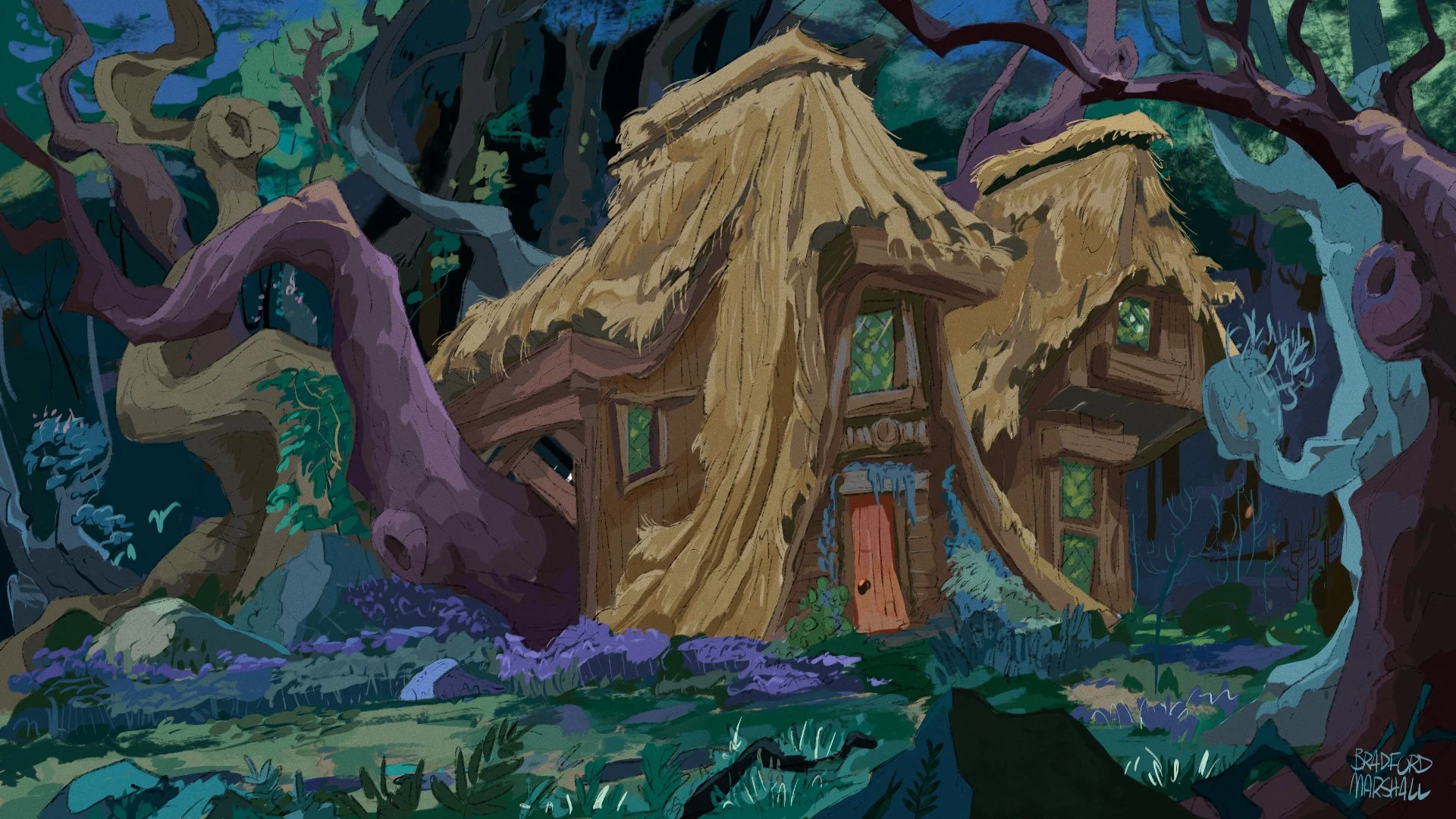 A whimsical treehouse with a thatched roof nestled among large, colorful trees in a dense forest. The scene is vibrant with shades of purple, blue, and green, giving it a magical, fairy-tale feel.
