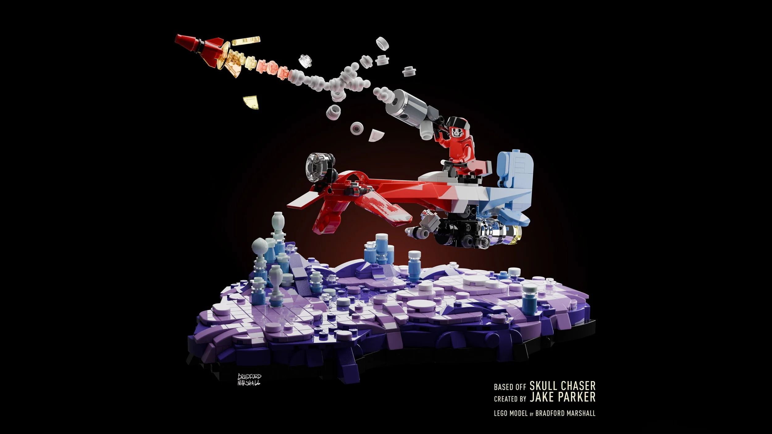 LEGO model of a spaceship hovering above a purple terrain with scientific equipment, created by Jake Parker, based on Skull Chaser.