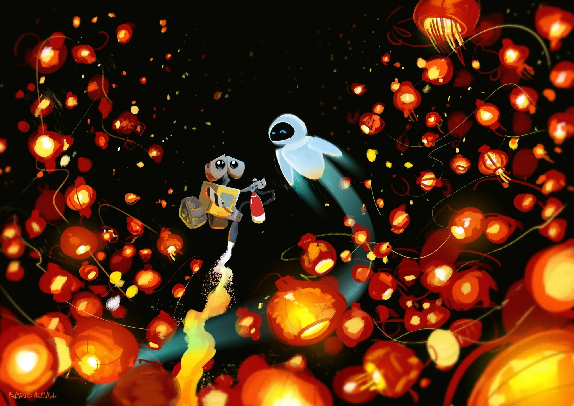 Animated scene of two robots, one holding a fire extinguisher, flying through a sky filled with floating red and orange lanterns.