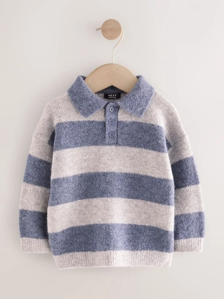 Blue Stripe Knitted Rugby Polo Shirt (3mths-7yrs)