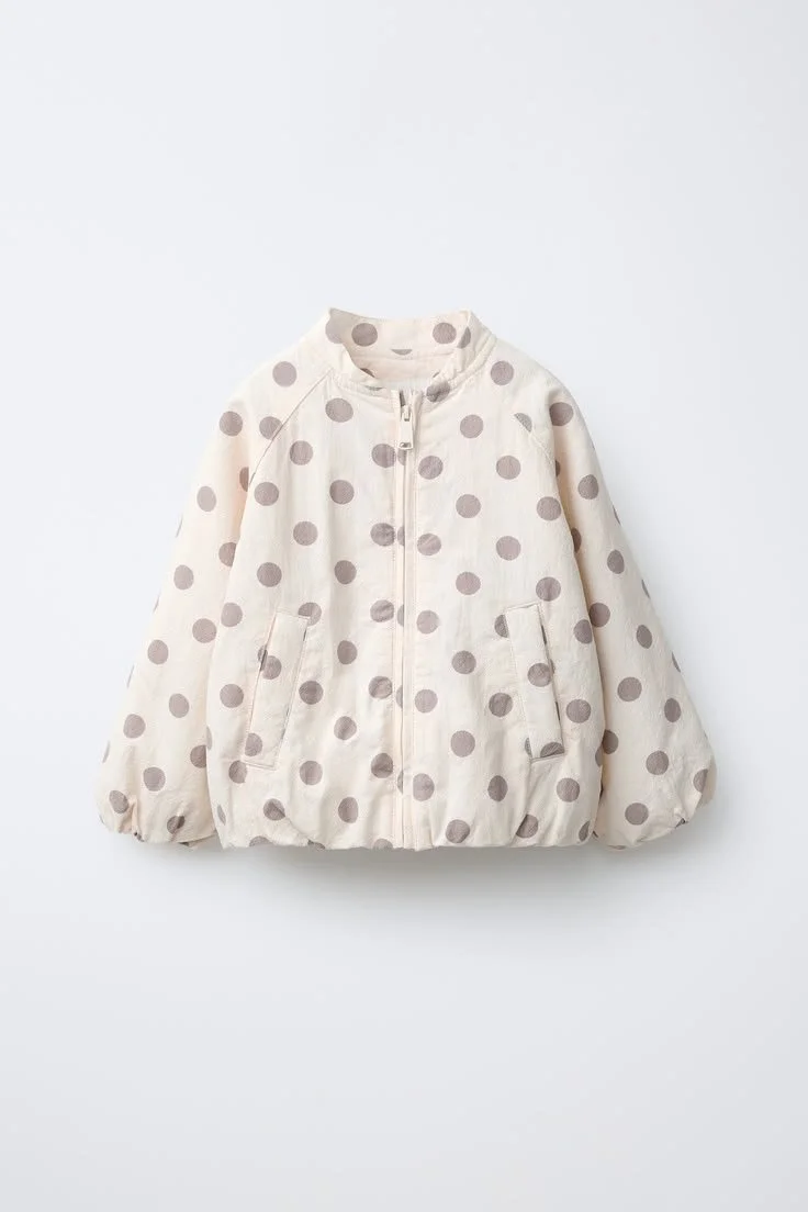 zara kids cream and grey beige high collar polka dot light weight zip-front jacket