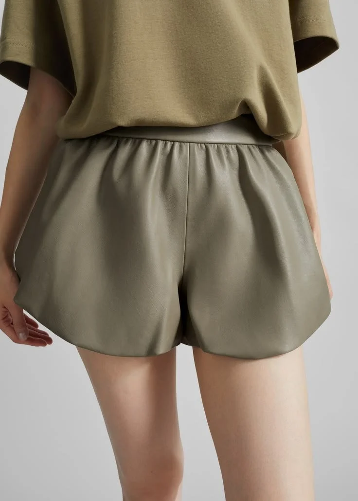 The Frankie Shop Alina Faux Leather Bubble Hem Shorts - Sage