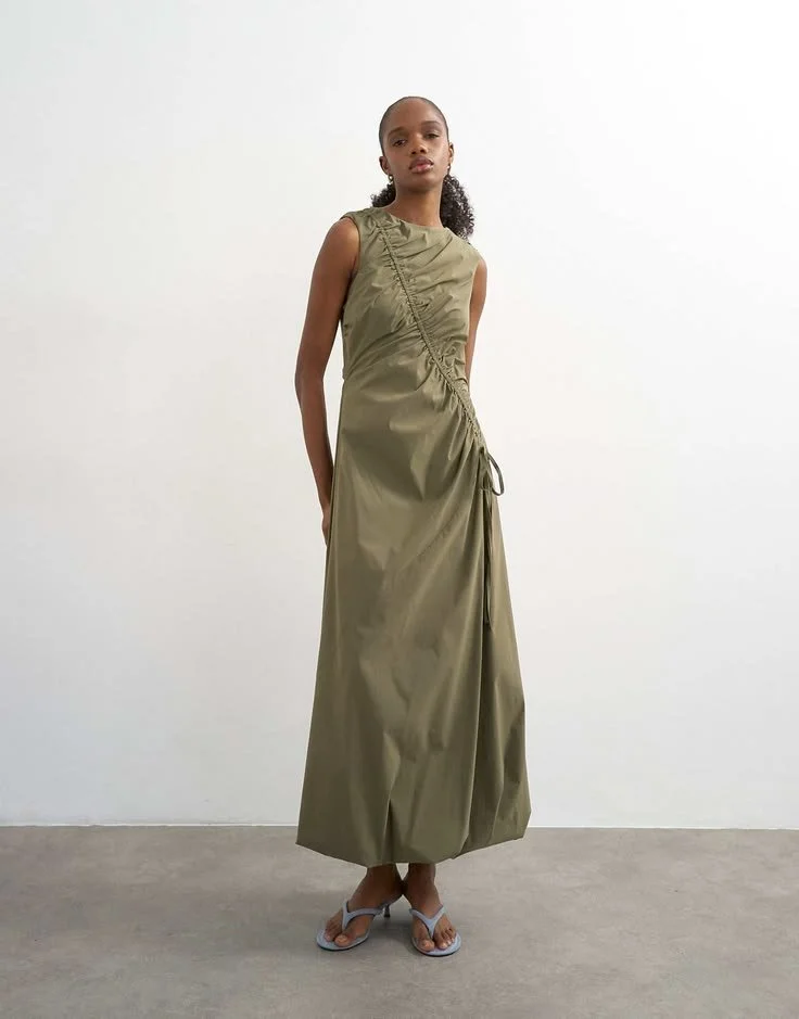 TOPSHOP Drawstring Detail Performance Fabric Balloon Maxi Dress — Khaki Green