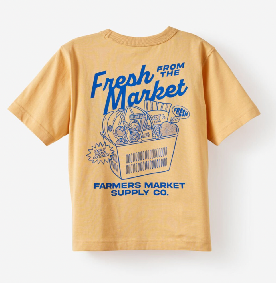 Cotton On Kids Fresh Market Essentials graphic tee in yellow with blue writing